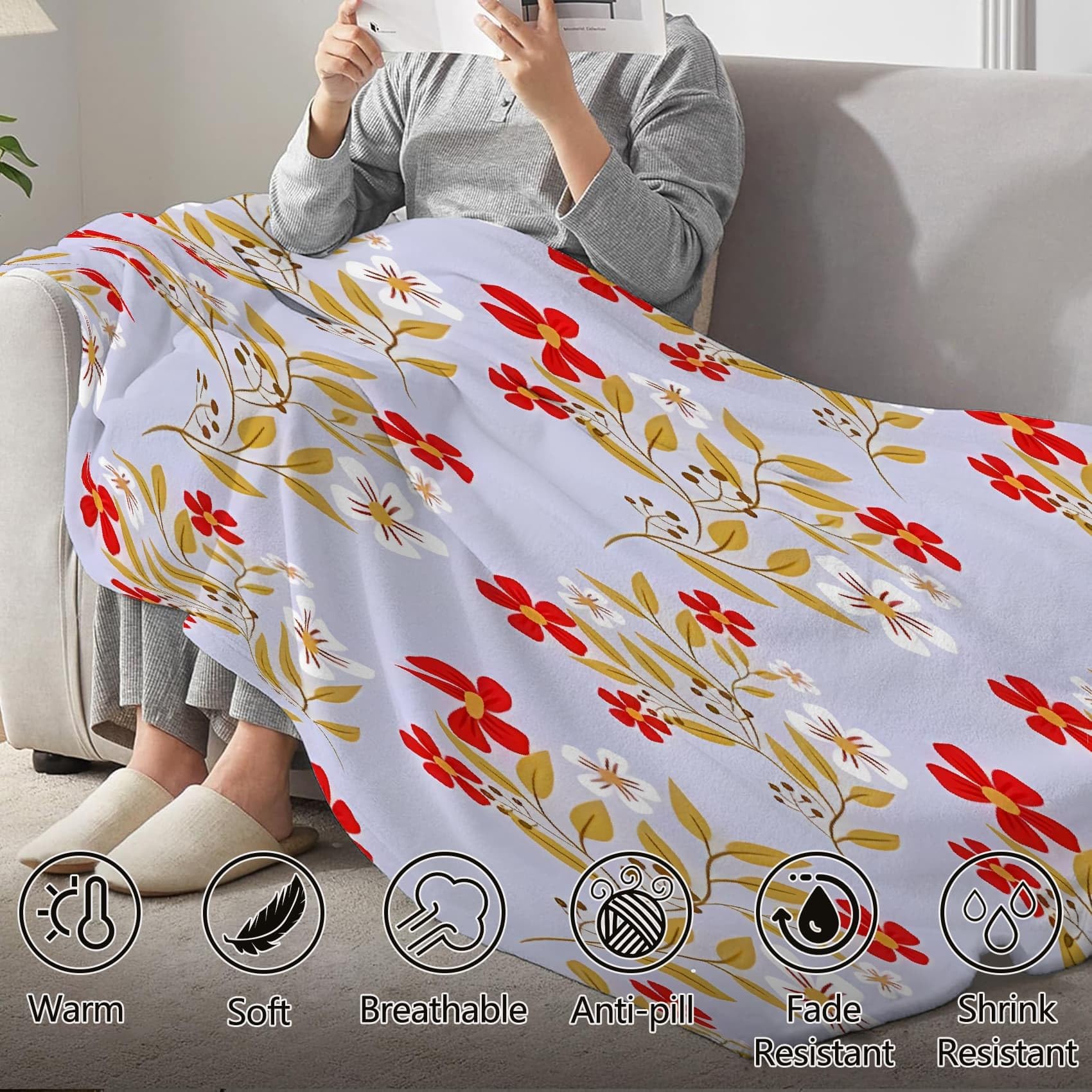 Czerwony i biały koc gałęzi w kwiaty świeżość retro koc polarowy flanelowy mikrofibra 180 x 220 cm, lekki, miękki, ciepły i wygodny, odpowiedni do sypialni i salonu