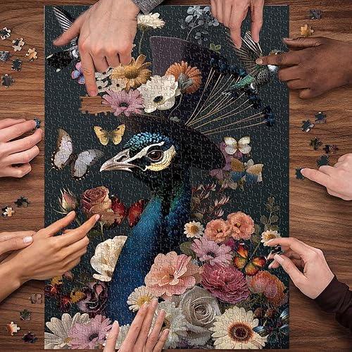 Miniatura 8 de Rompecabezas de pavo real para adultos de 1000 piezas, rompecabezas de PICKFORU coloridas flores y pájaros, colibrí, mariposa, difícil desafiante,