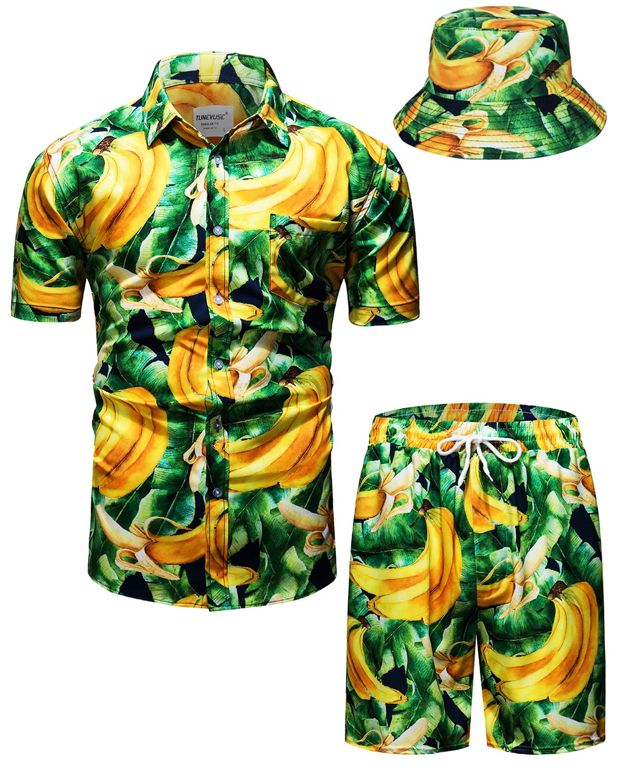 TUNEVUSE Herren Hawaiihemd und Shorts Set, 2-teiliges tropisches Set, Blumen Bedruckte Knopf Strand Set mit Hut