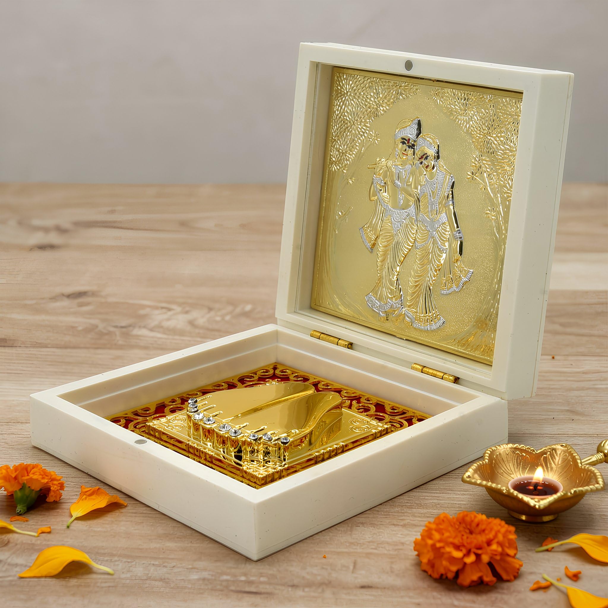 KABIR WORLD Radhe Shyam Divine Charan Paduka Yantra Box with Crystal Accents - 4.7" Premium White Floral Embossed Yantra Box - Radha Krishna Idol for Religious Gifiting,House Warming & Pooja Room 2