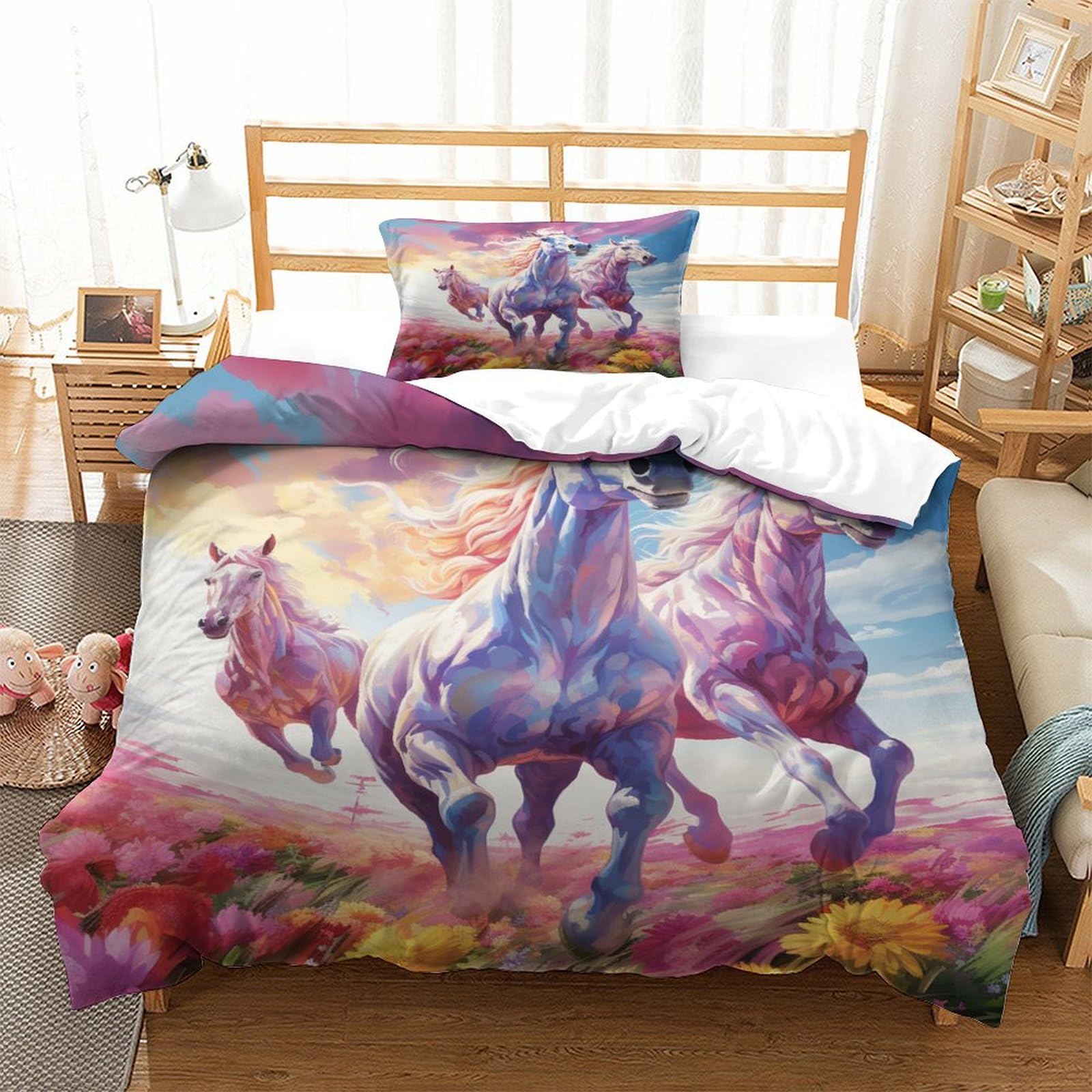P1S9U7W5Y Vivid Horse 3D Printed Duvet Cover Set 3 Pieces Microfiber Bedding for Adults Bedroom Decor Luxury Horses Bedding Set Single（135x200cm）