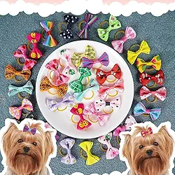 50 peças (25 pares) Laço de pelo de cachorro Yorkie com faixa de borracha strass produtos para cuidados com animais de estimação, cores variadas, padrões, laços de pelos de animais de estimação