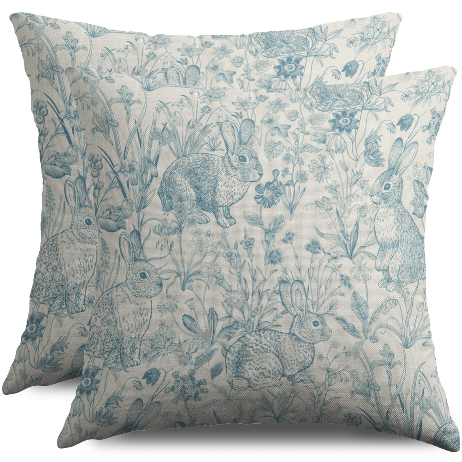 Easter Spring Light Blue Pillow Covers 18X18 Set of 2, Vintage Flower Rabbit Bunny Floral Botanical Print Decorative Throw Pillow Covers Outdoor