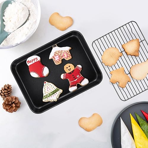 Miniatura 6 de TeamFar Juego de sartenes para horno tostador con estantes, 9.25 x 7 x 1 pulgadas, mini bandeja para hornear de acero al carbono con estante para