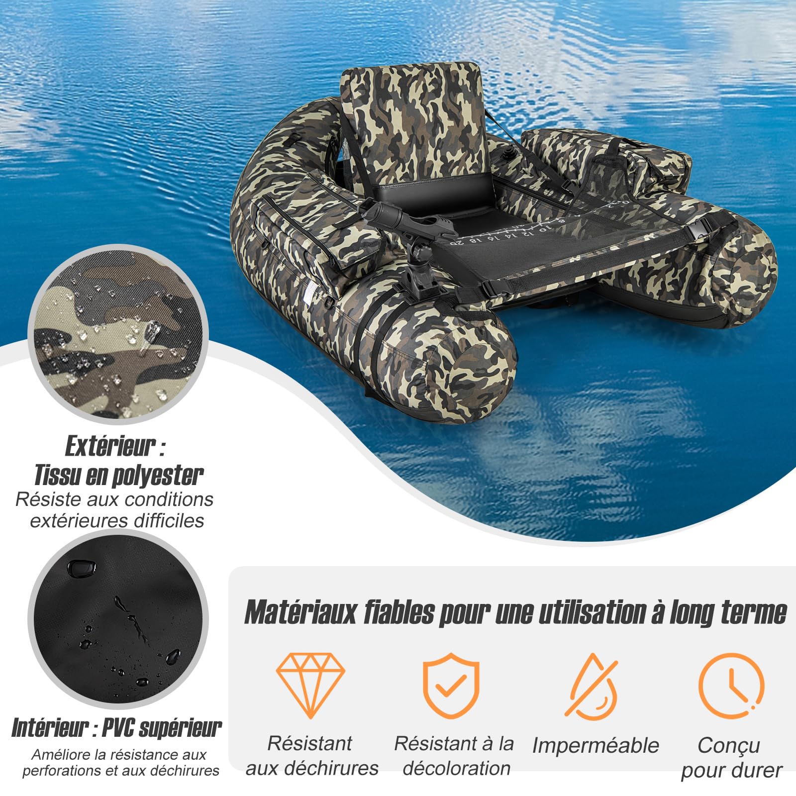 COSTWAY Bateau de Pêche Gonflable avec Dossier et Pagaie, Bateau Gonflable avec Règle à Poisson Support de Canne Poches de Rangement Palmes Pompe Sangles Réglables Charge 150 KG, Camouflage