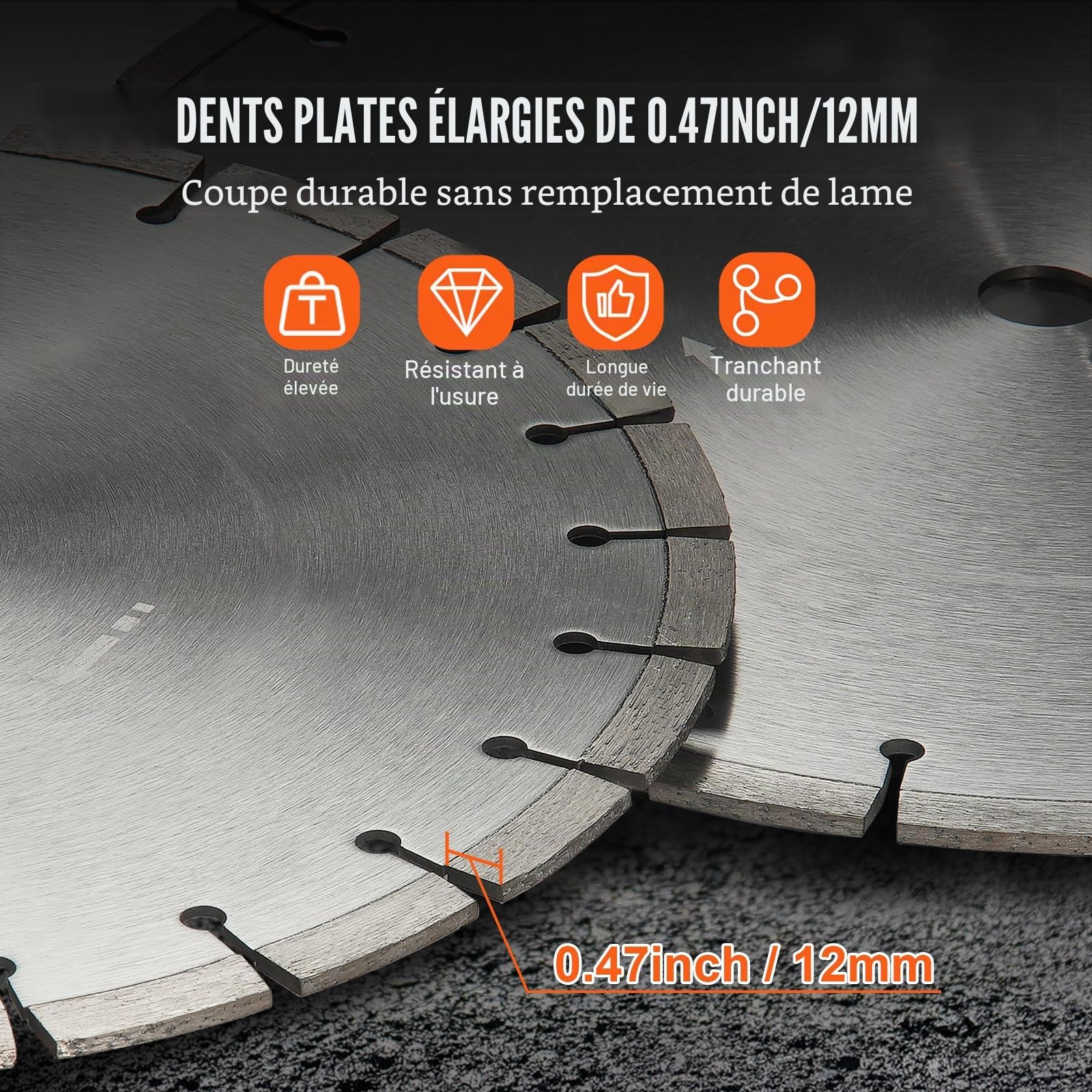 VEVOR Disque à Tronçonner Diamanté 450 mm, Disque Diamant Humide ou Sèche, Lame de Scie à Béton avec Dents Plates de 12 mm, Diamètre du Trou Central Universel 25,4 mm, pour Béton, Carrelage, Brique
