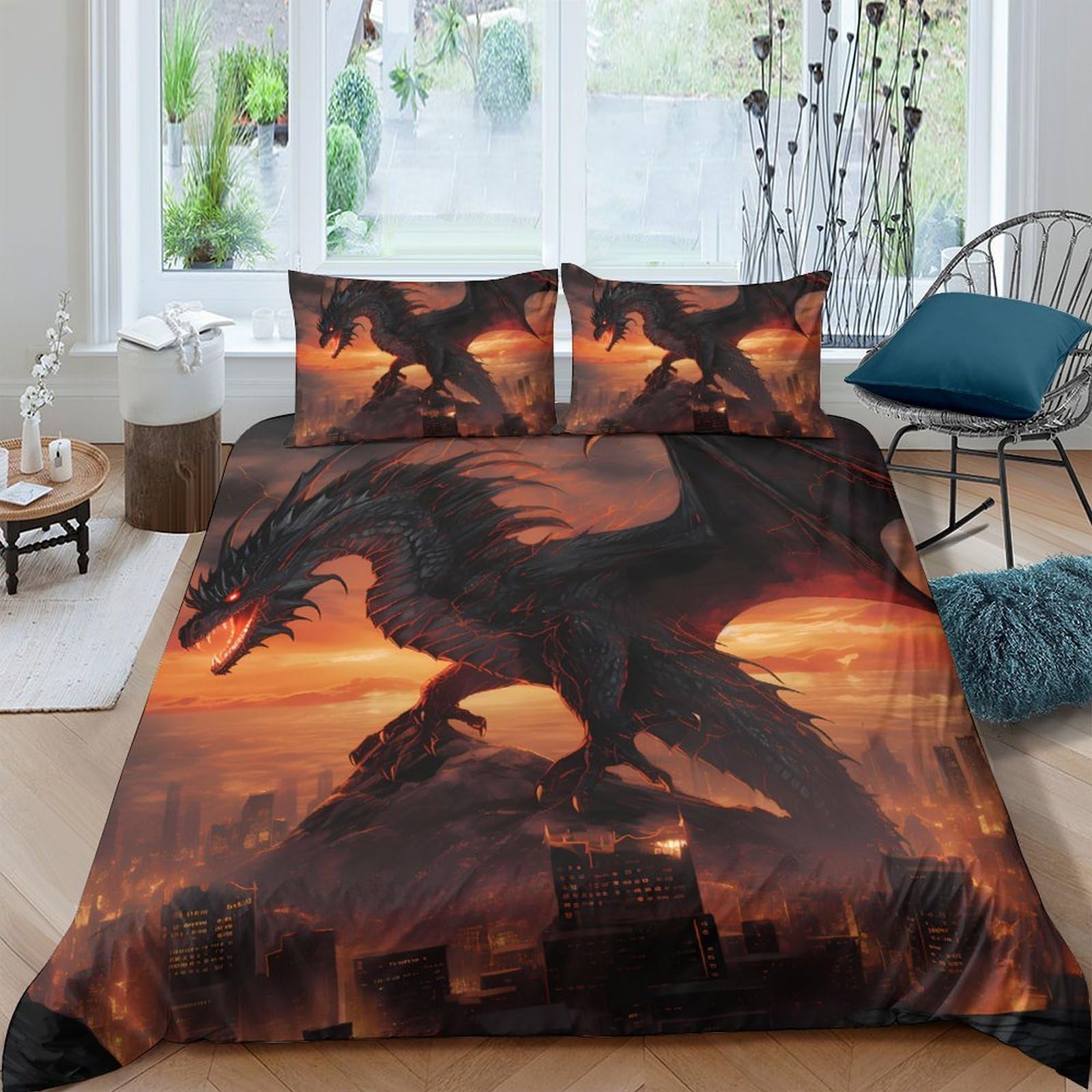 Ctjqhvkz Style-7 3D Printed Dragon Fire Fitted Sheet Microfiber Breathable Anti-Slip Fantasy Volcano Mattress Cover For Bedroom Decor Single（135X200cm）