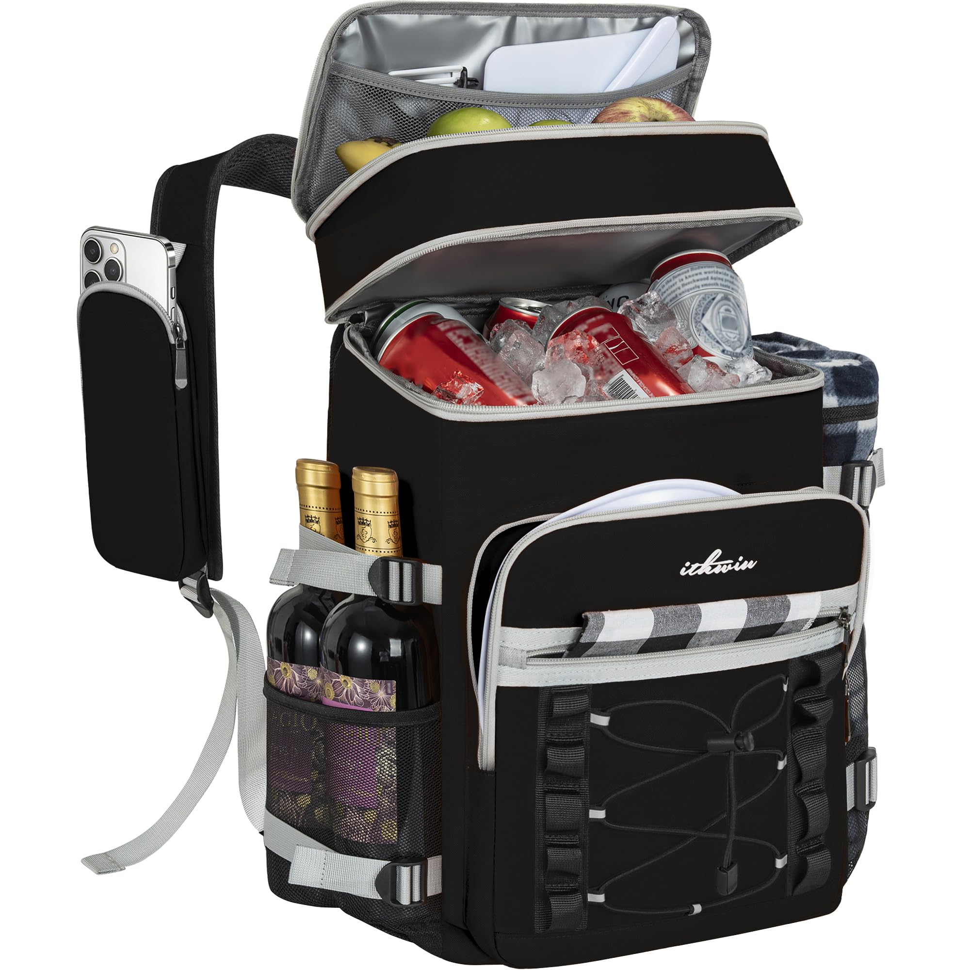 Sac à Dos Isotherme à Double Compartiment – Grande Capacité 28L pour Glacière Souple(Principal 22L + Secondaire 6L), Sac de Pique-Nique à Glacière Portable, pour Les Pique-Niques et Le Camping