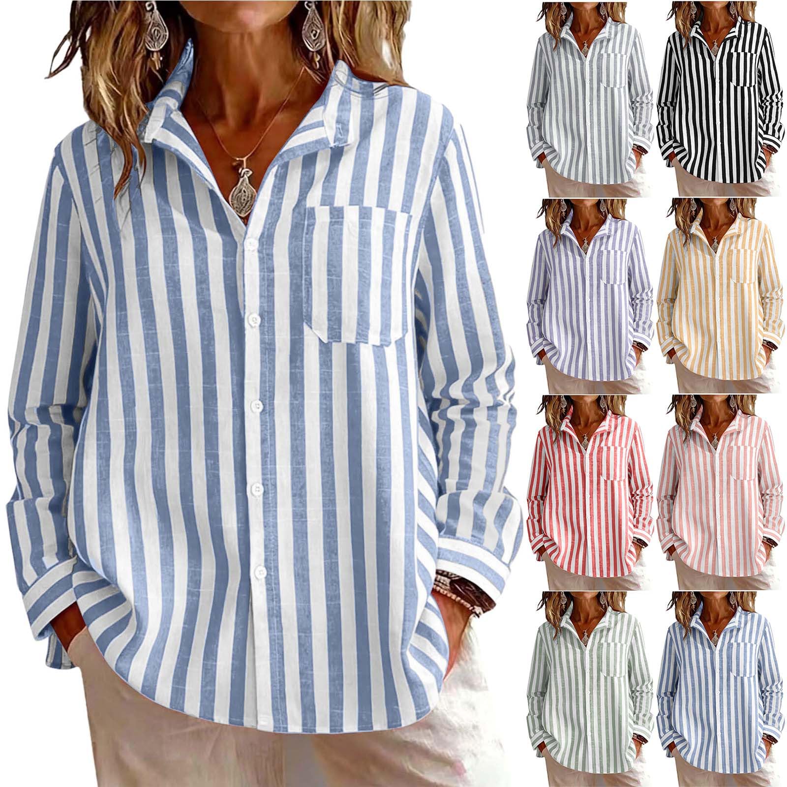 Button Down Shirts for Women UK Long Sleeve Striped Collared Linen Tops Spring Summer Casual Blouse 2026