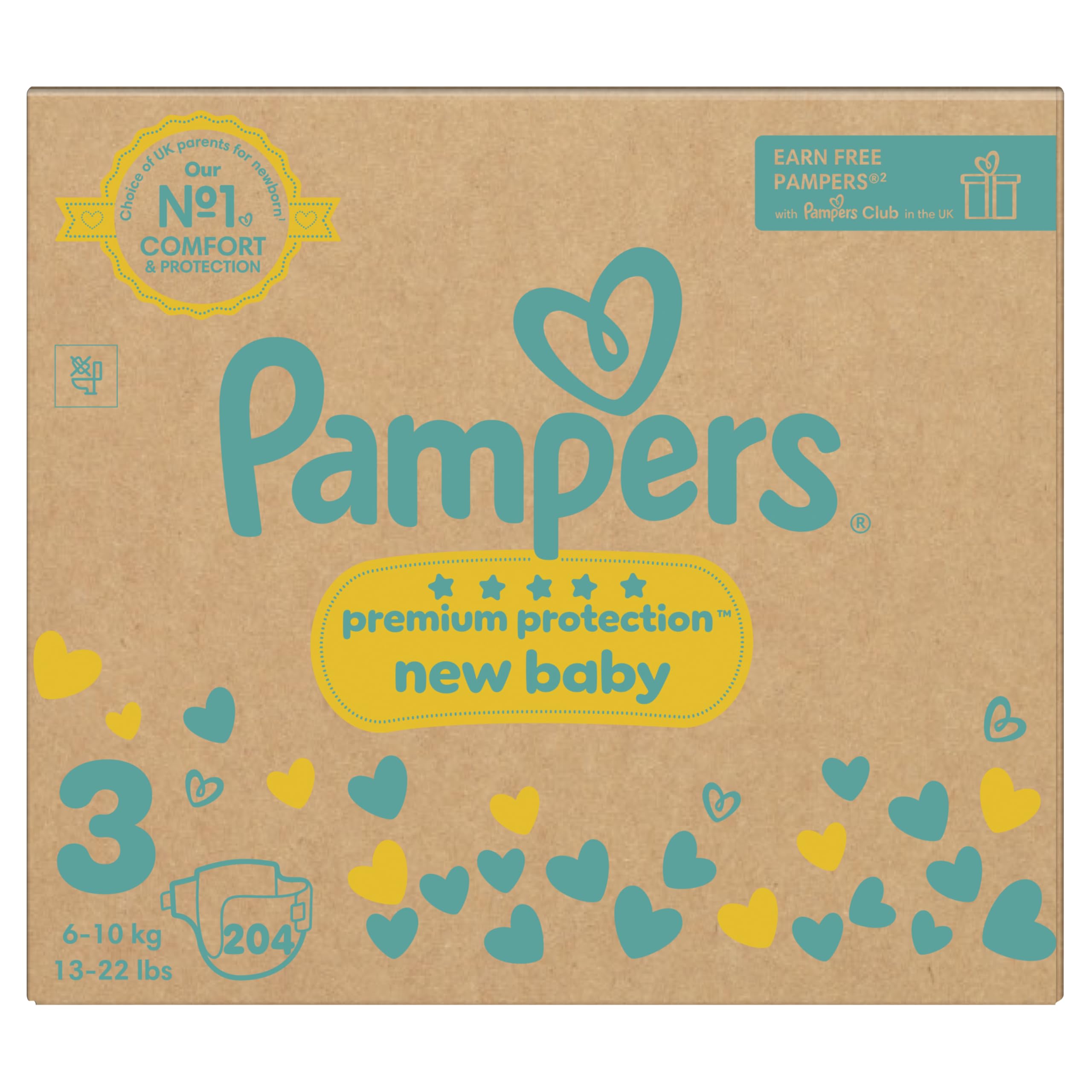 Pampers Premium Protection New Baby Taille 3 204 couches, 6 kg à 10 kg, paquet mensuel + lingettes Pampers Harmonie Aqua Baby Wipes 1 paquet de 10 lingettes