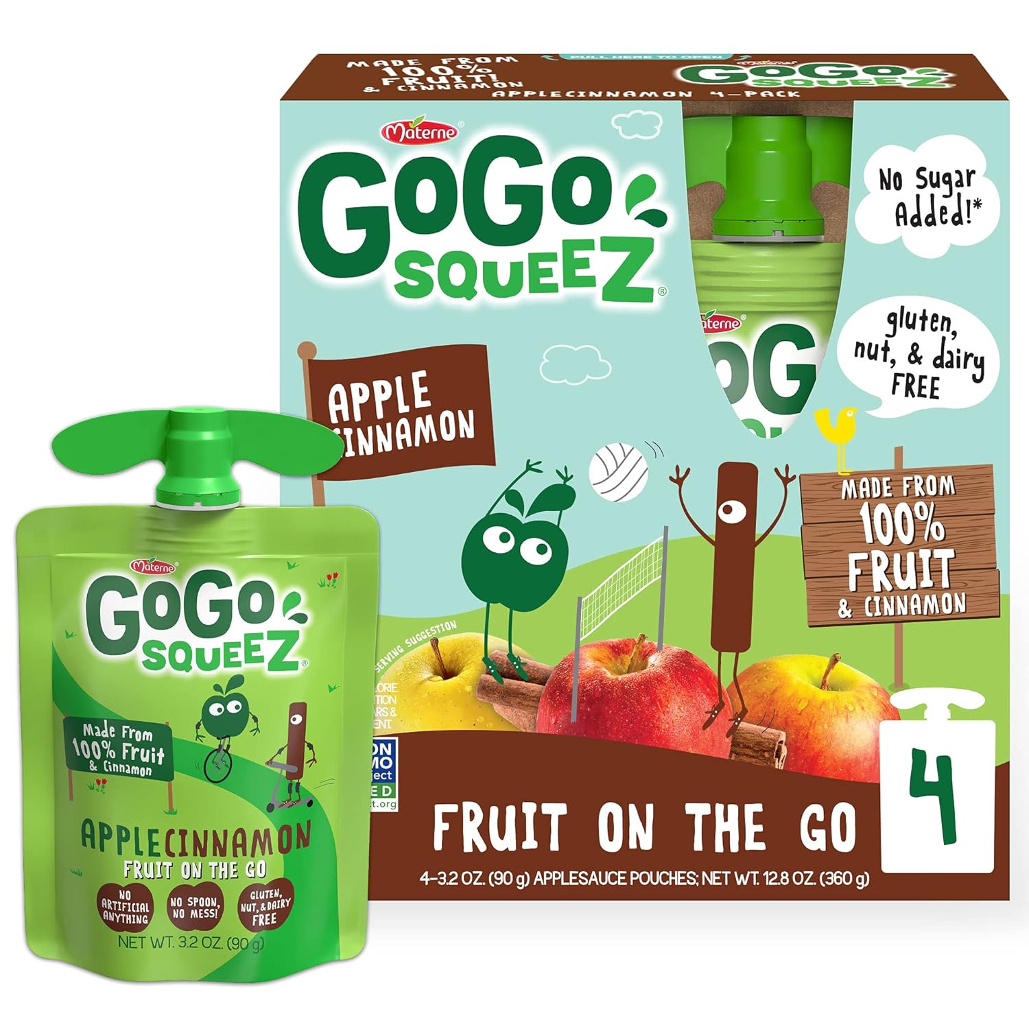 GoGo squeeZ Fruit on the Go, Apple Cinnamon, 3.2 oz (Pack of 4), Unsweetened Fruit Snacks for Kids, Gluten Free, Nut Free and Dairy Free, Recloseable Cap, BPA Free Pouches Apple Cinnamon 3.2 Ounce (Pack of 4)