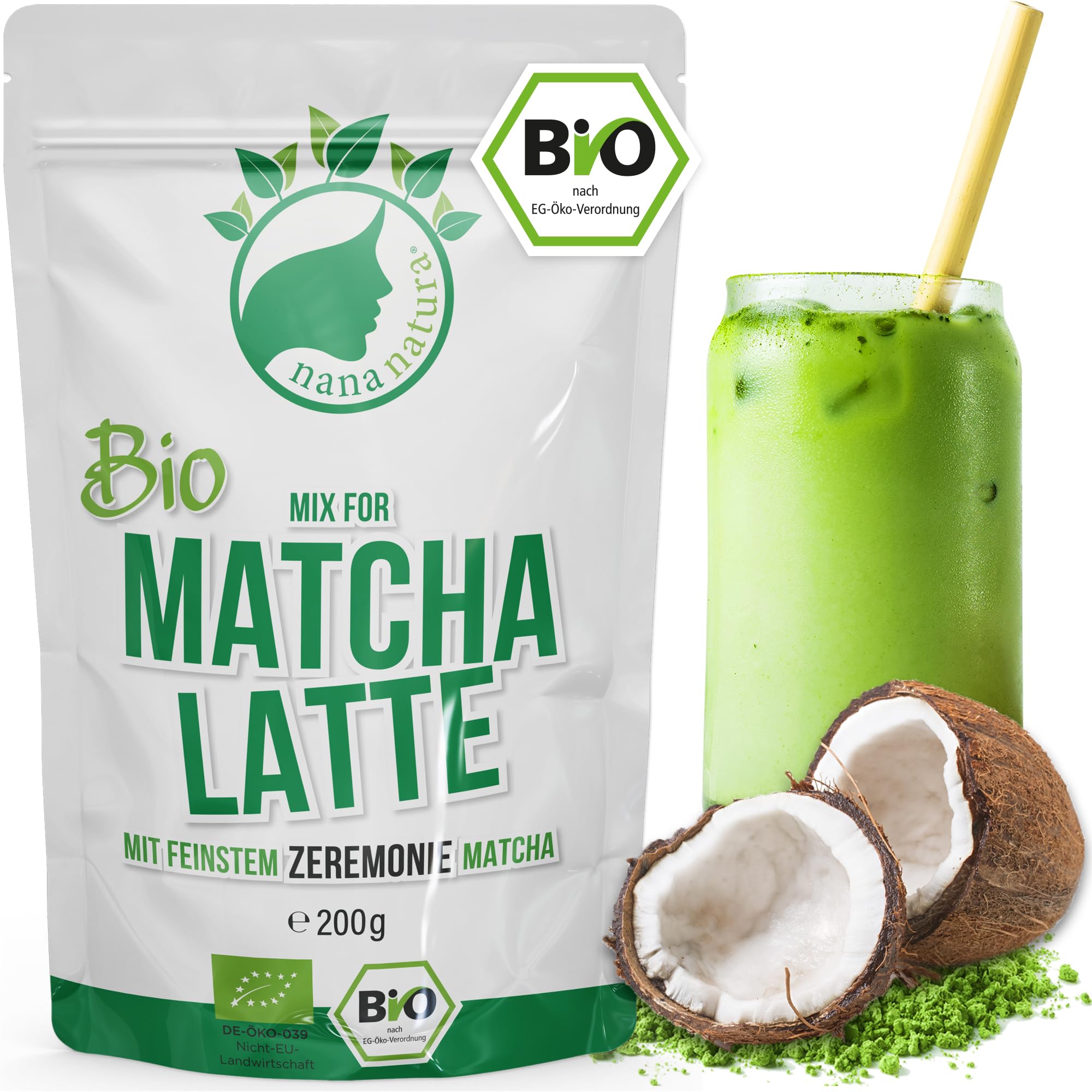 NanaNatura's Bio Matcha Latte Mix mit 22% japanischem Matcha-Grüntee Pulver und Kokosblütenzucker | für einfach leckeren Tee Genuß | auch für Eis & Gebäck