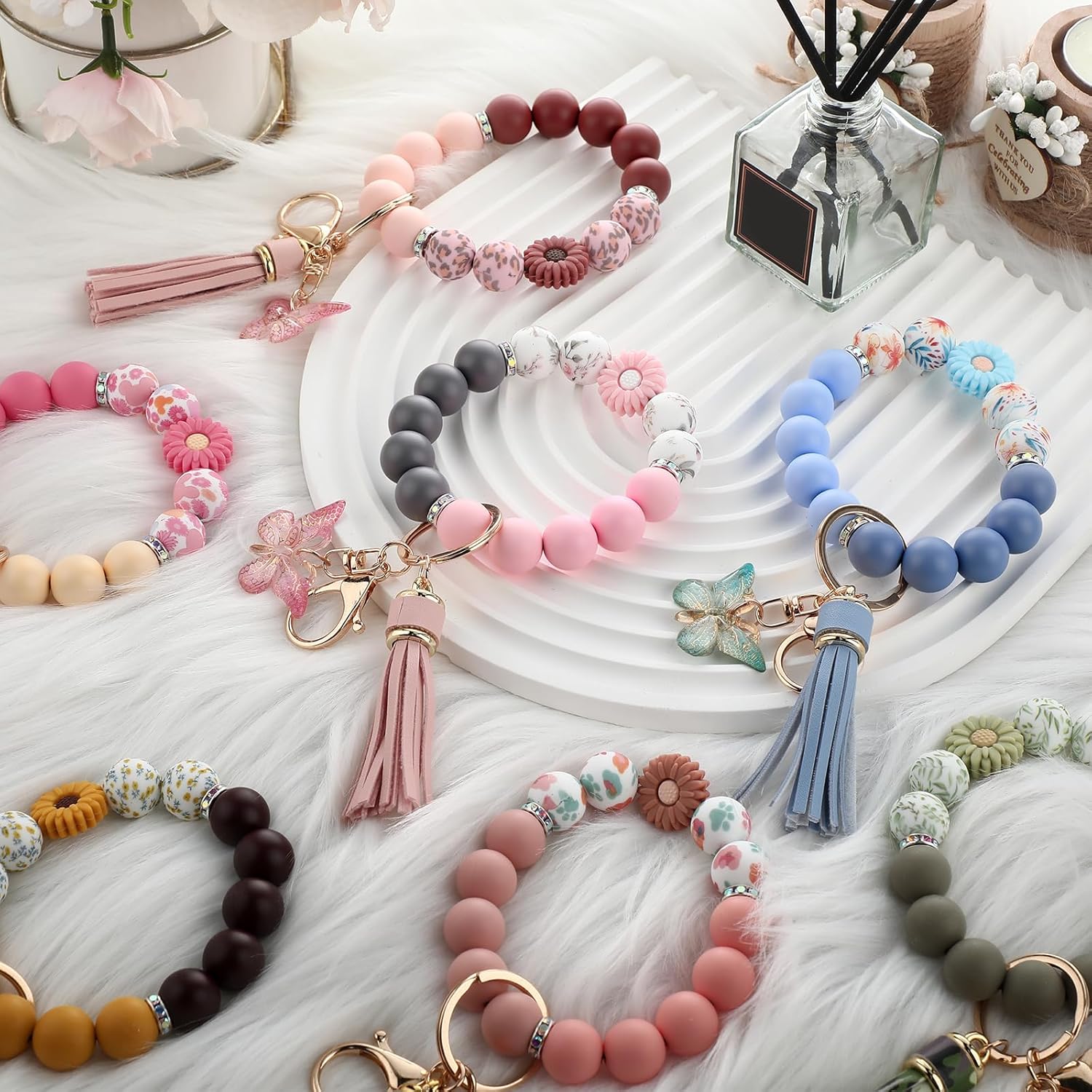 Cute Silicone Beaded Keychain,Key Chain Holder for Car Keys Women Girl,Daisy Silicone Key Wristlet Resin Butterfly - Image 5