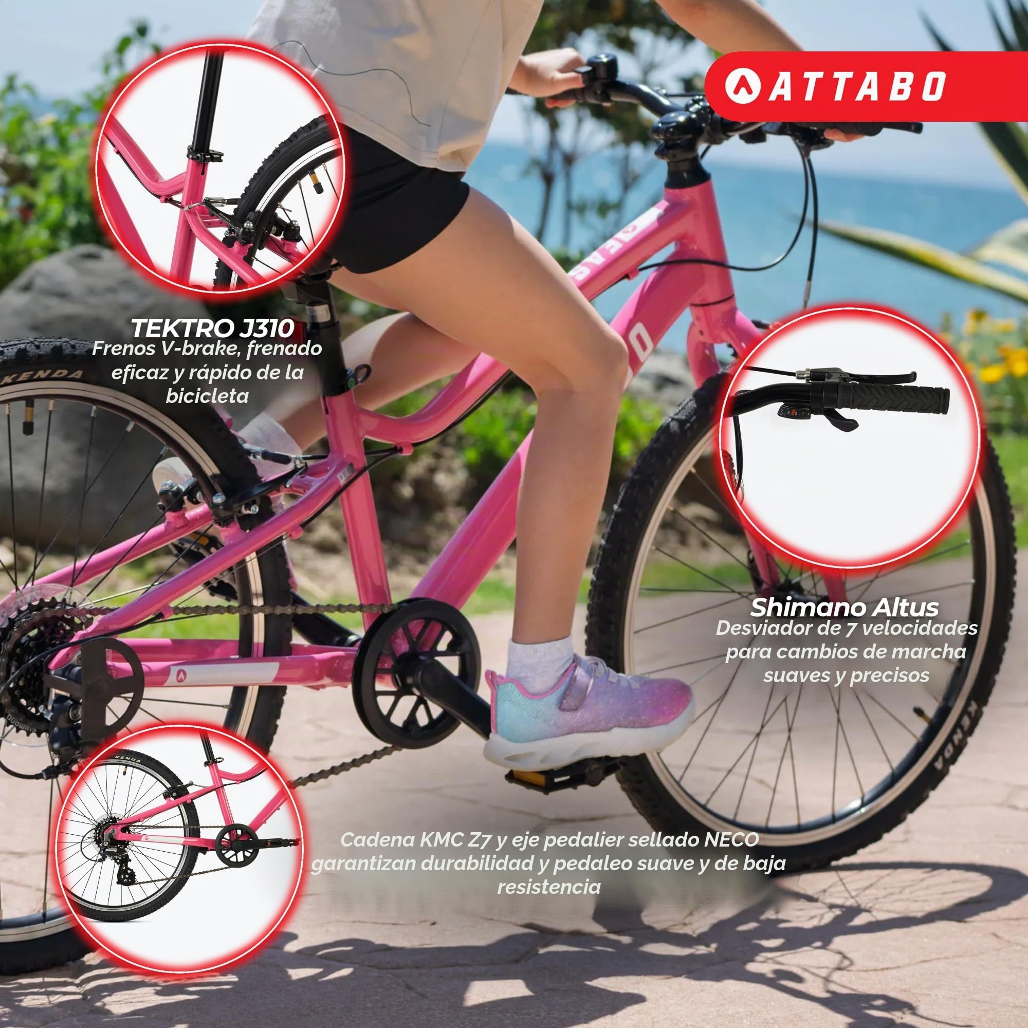 ATTABO Ease 24 - Bicicleta Infantil (7-11 años) con Cuadro de Aluminio (Solo 9 kg), Ruedas de 24", Cambio Shimano, Frenos en V para 120-145 cm, ergonómica, Estable y cómoda