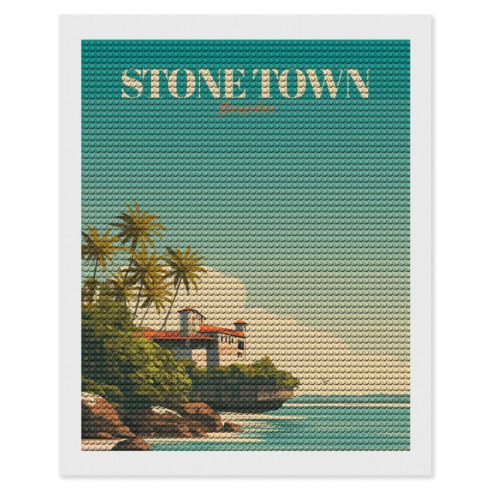 Junmoney Stone Town Zanzibar Vintage Diamond Painting Canvas Set 16"x20", Easy to Enjoy, Adhesive Canvas, Office Decor, Holiday Gift Idea, with Tool Kit