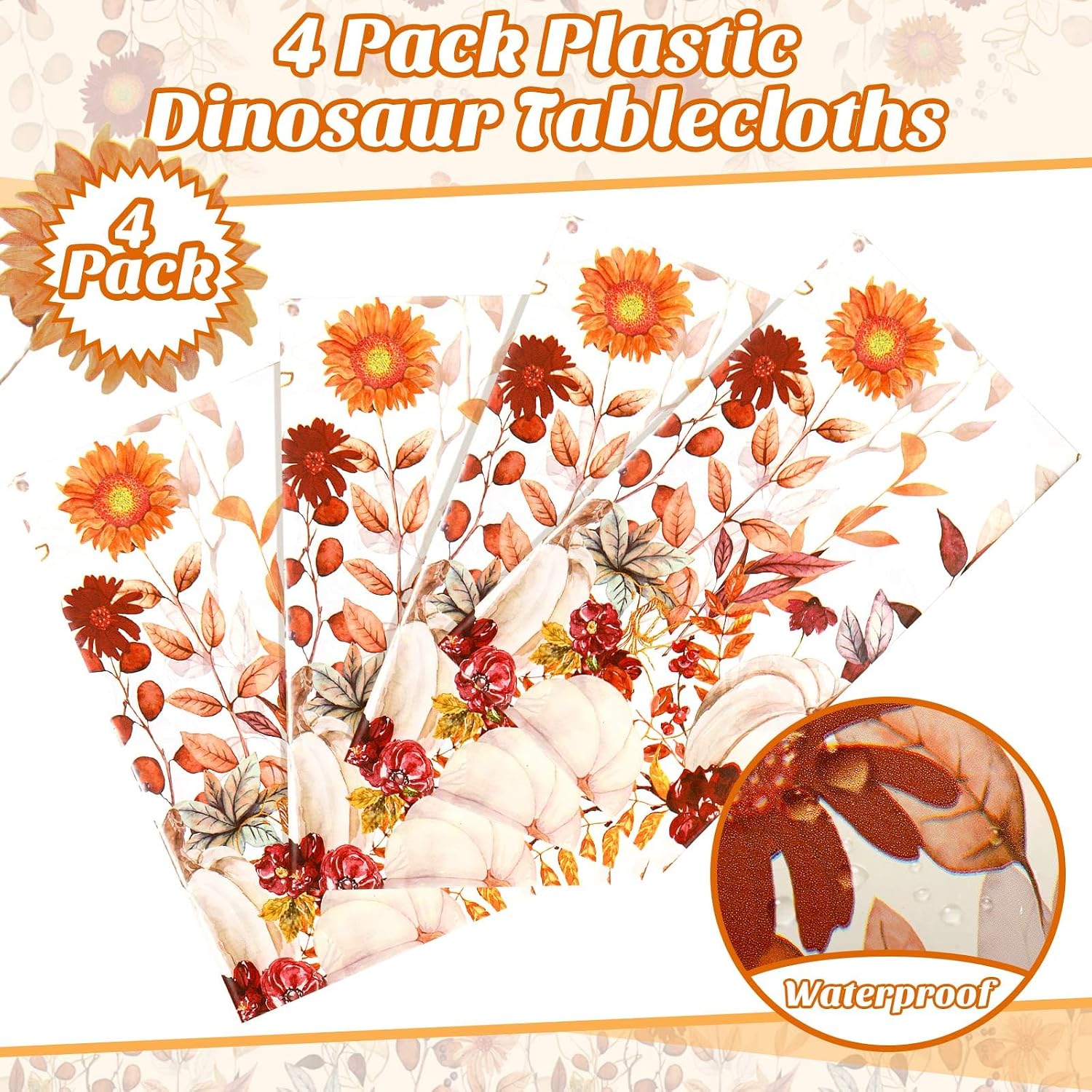 Newwiee 4 Pcs Fall Tablecloth Thanksgiving Plastic Tablecloths Pumpkin Wild Floral Disposable Table Cloth Rectangle Fall Rectangle Table Cover for Autumn Harvest Party, 108 x 54 Inch