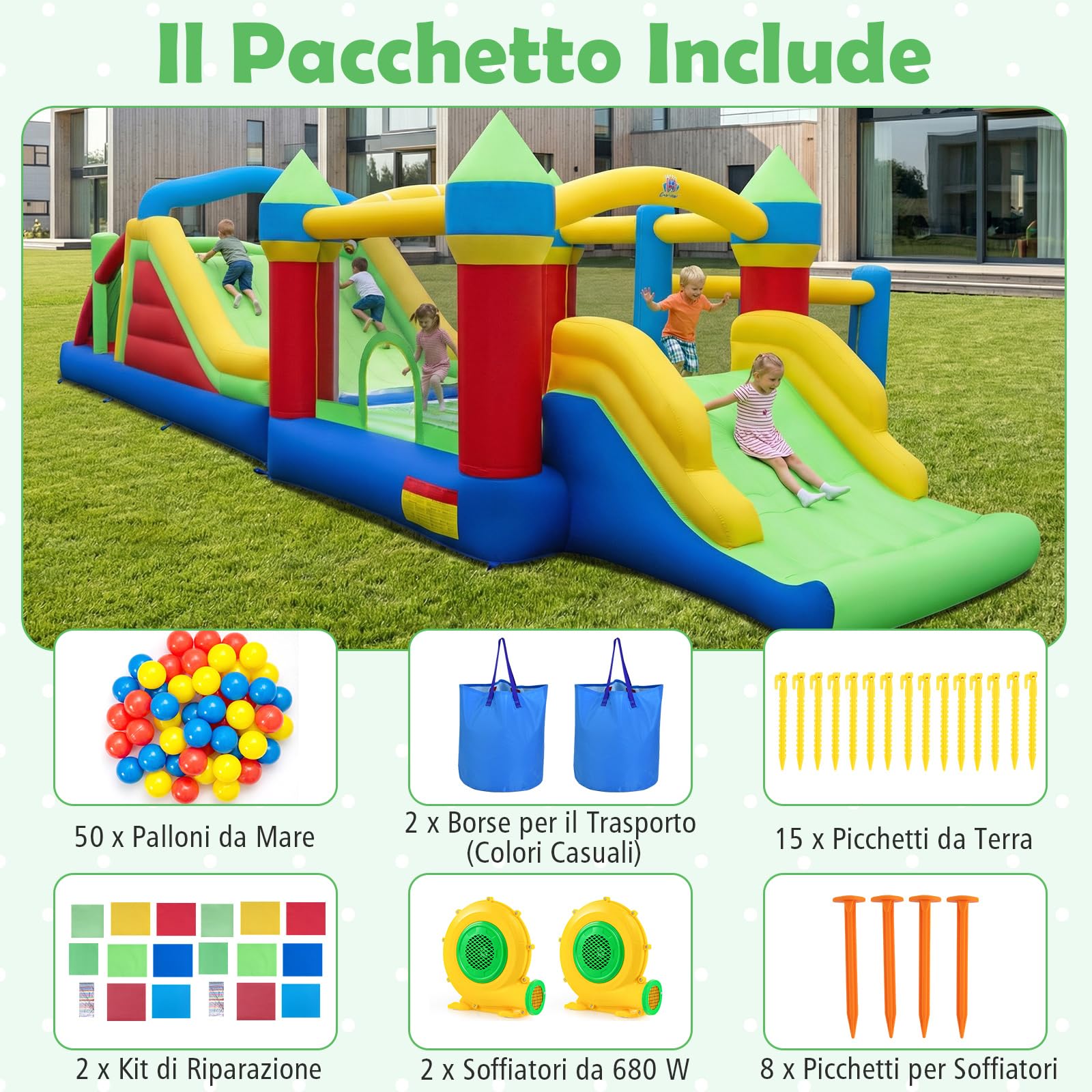 COSTWAY Castello Gonfiabile per Bambini, Parco Giochi Gonfiabile con Scivolo Lungo e Trampolino, Pali Ostacolo, Parete Arrampicata e Palline Oceaniche, per Bambini 3-12 Anni (Con Soffiatore)