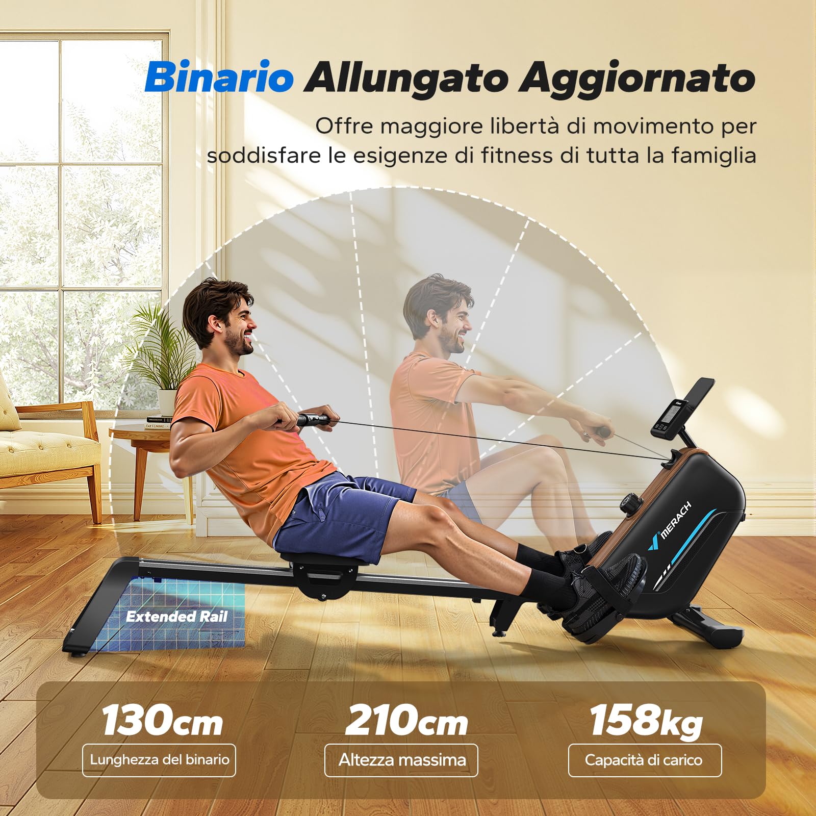 MERACH Vogatore per Casa, Vogatori Magnetici Silenziosi, Binari Migliorati ed Espansi da 130 cm per Movimenti più Liberi, Dotato di APP Esclusiva