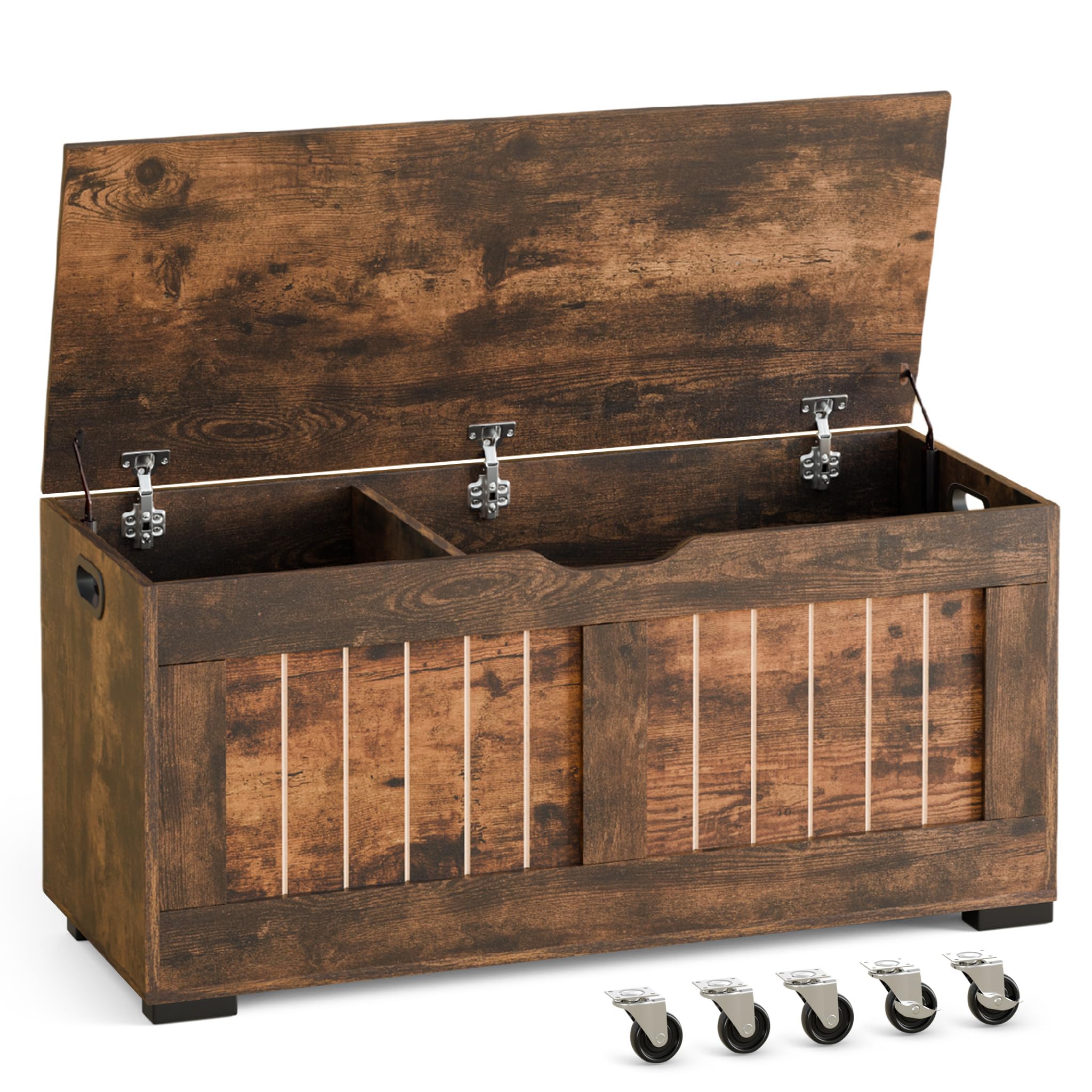 Mondeer Baúl de Almacenamiento, Banco de Almacenamiento con 4 Ruedas, Caja de Manta con 2 bisagras de Seguridad, Estilo Moderno, para Pasillo, Dormitorio, Sala de Estar, 40 x 100 x 49 cm, marrón