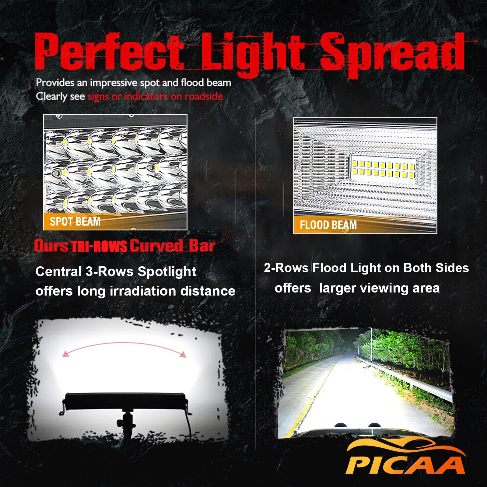 PICAA Incurvée 130 cm 52 Pouces 675W Barre de LED 4x4 avec Magnétique Support et 12V Faisceau de Câblage Kit, Offroad Light Bar, Blanc 6000K Rampe LED Voiture