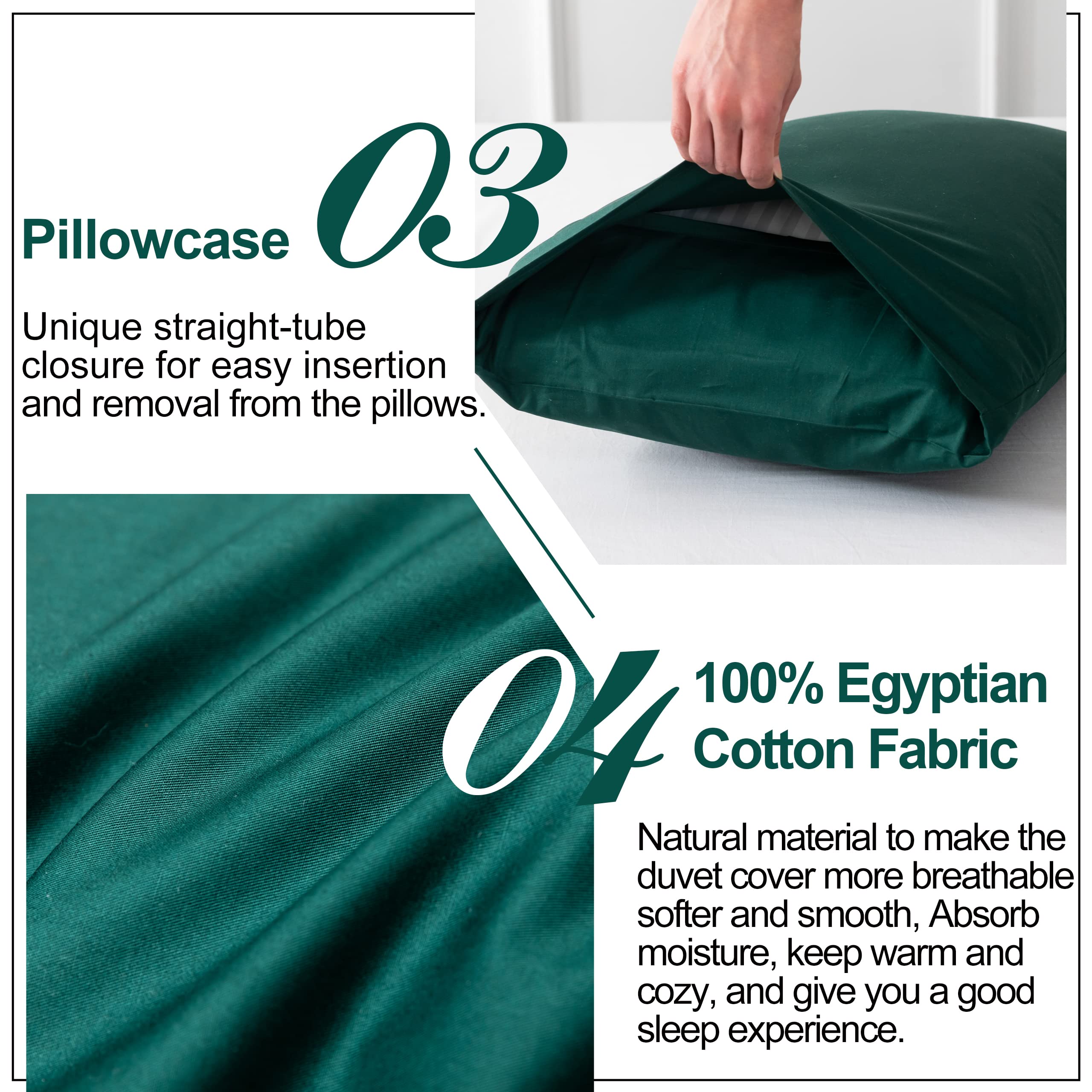 KAKABELL Duvet Cover Set 100% Egyptian Cotton Premium 3 Piece Bedding Set Portable Openings-Luxury Soft and Cozy All Season Comforter Cover,with 8 Corner Ties 90x106 Inches-(Dark Green, King)