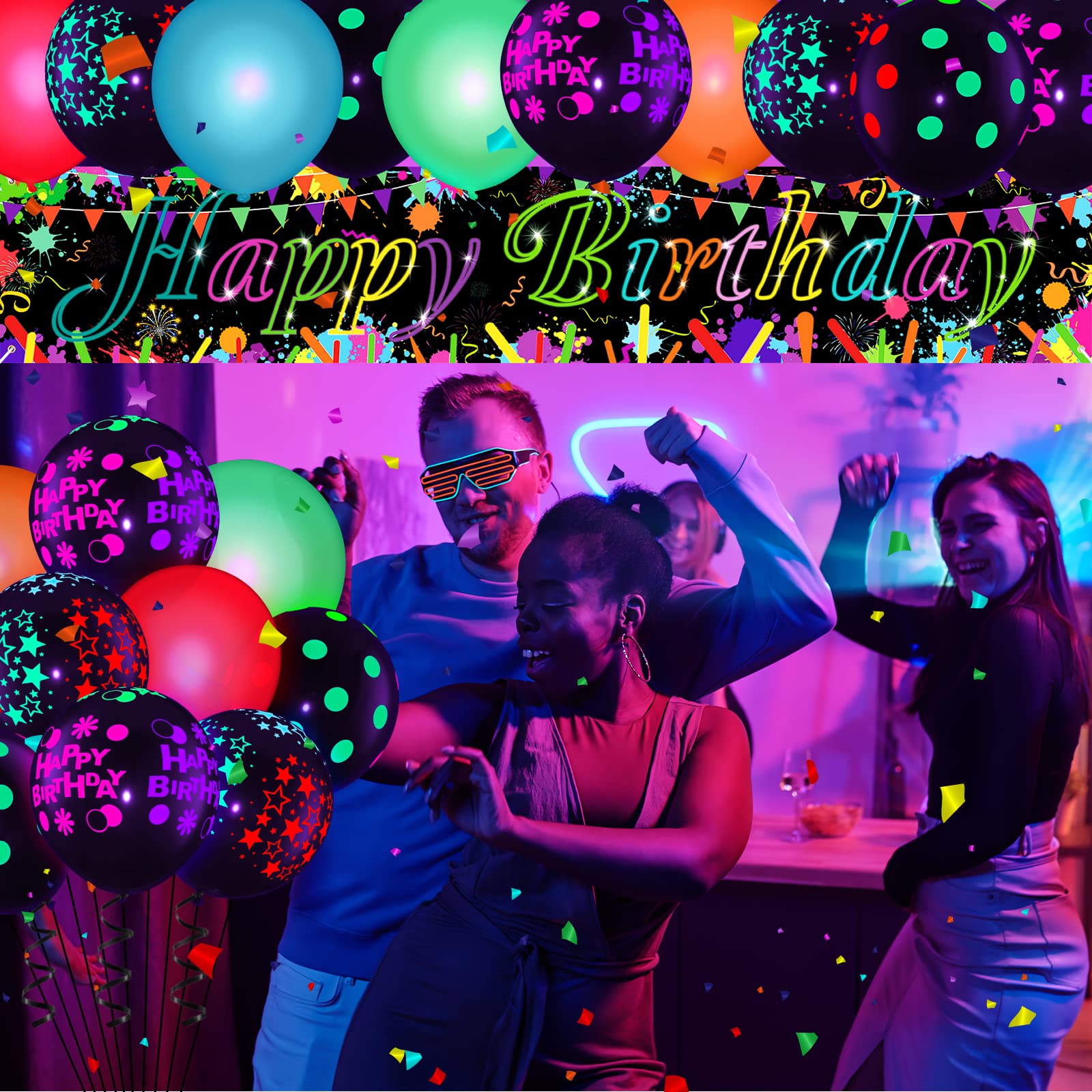 Banner Di Compleanno Neon Arcobaleno Con Scritta Buon Compleanno, Glow In The Dark, Per Feste A Tema Luce Nera - 4