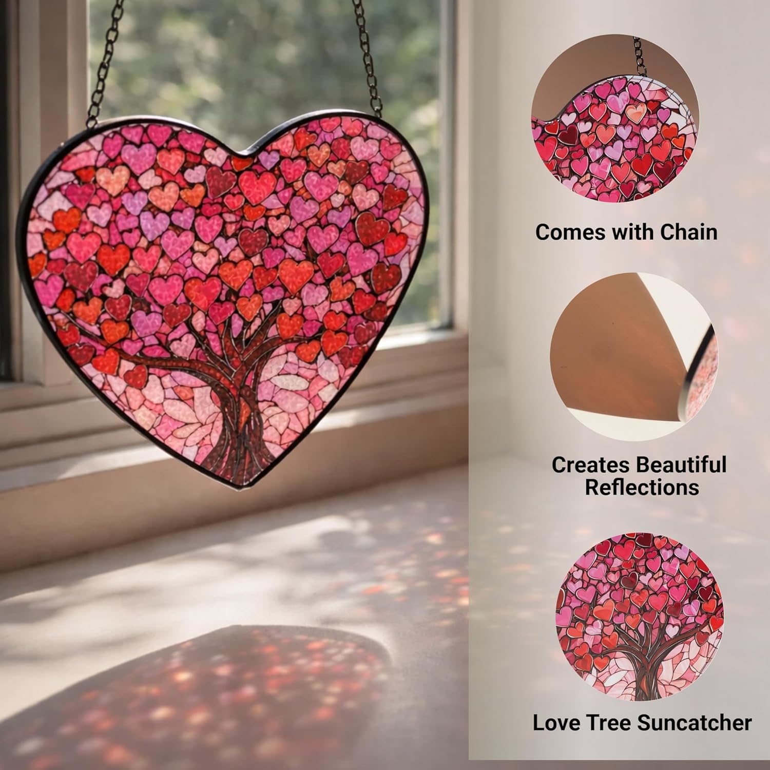 Stained Glass Window Hanging Heart Shape Birthday Gifts for Women Mom Pink Love Tree Glass Suncatcher for Window Hanging Decor, Valentine's Day Gifts (Pink Heart, 7.8'')