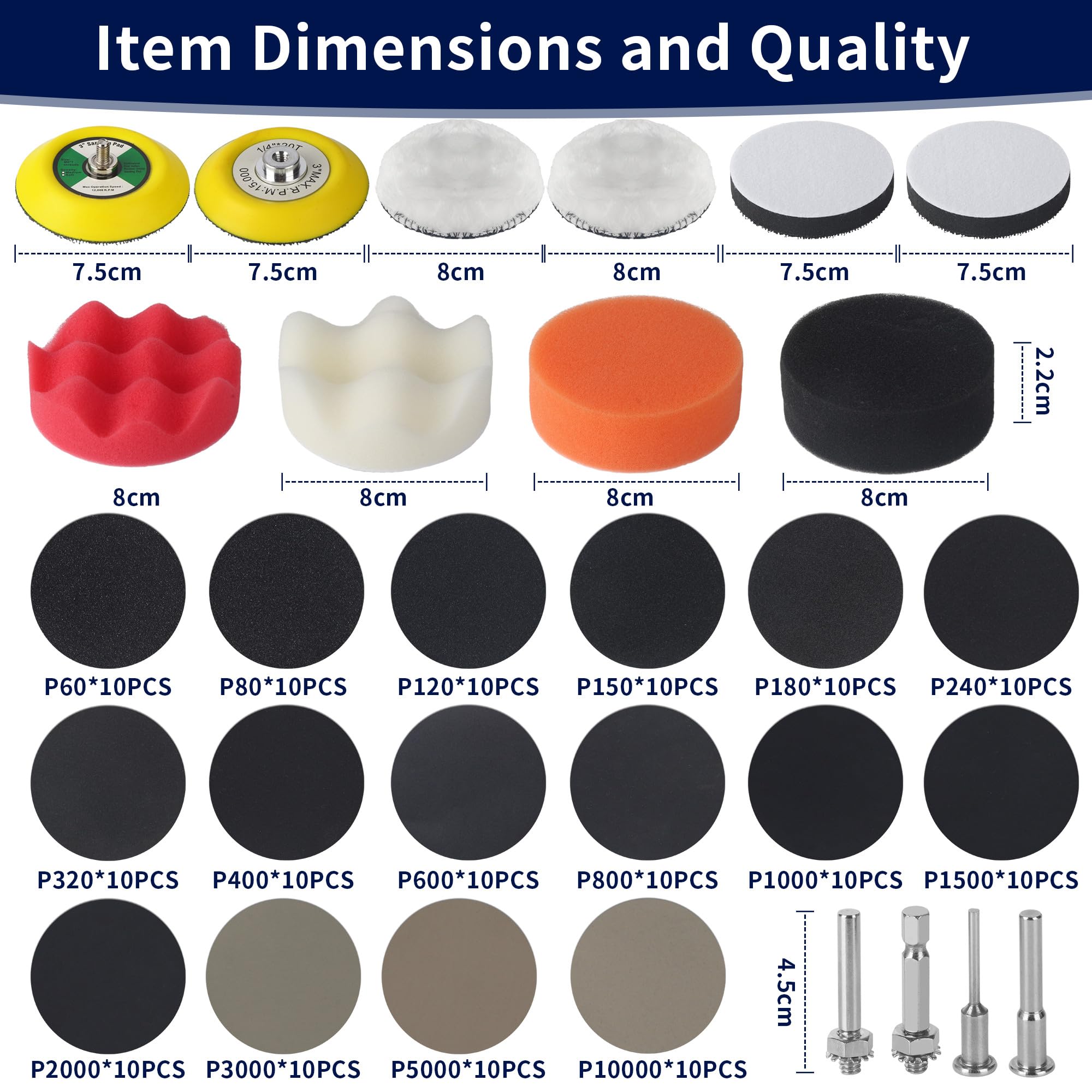 Lot de 174 Disques Abrasifs 75mm pour Voiture – Kit Renovation Phare et Carrosserie, Grain 60-10000, Papier à Poncer Carrosserie et Papier Poncer Phare Voiture, Avec Disques Brasifs, Tampons Abrasifs