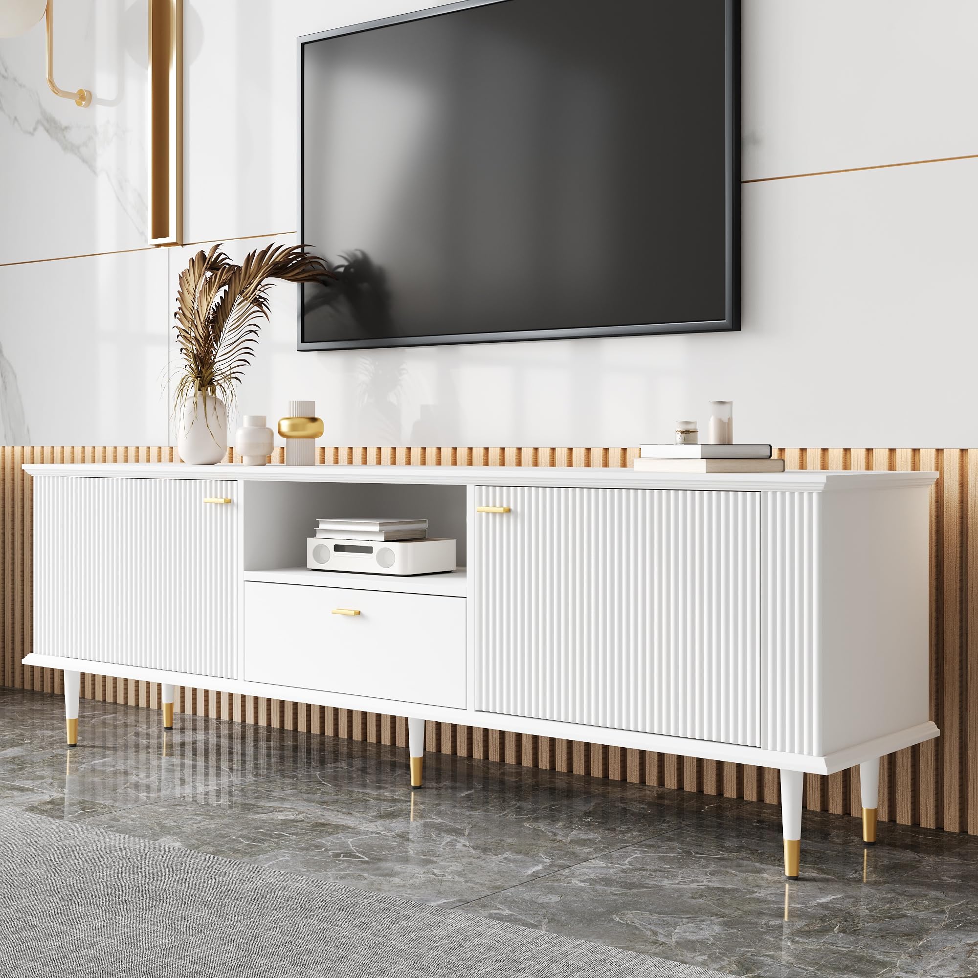 TV-Lowboard mit Soft-Close & Golddetails, 2 Türen, Schublade, Weiß