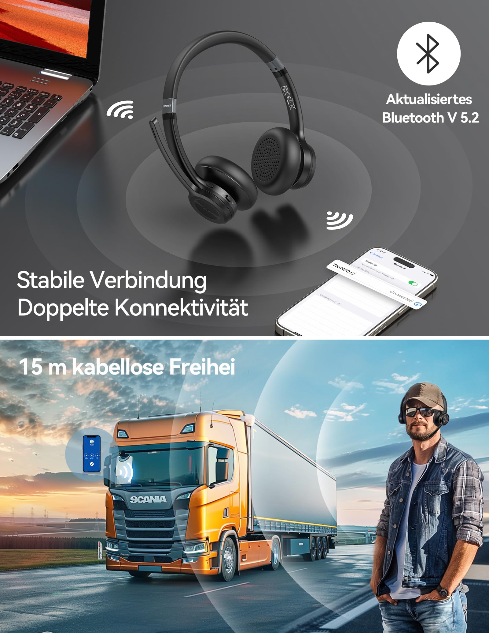 TECKNET V5.2 Bluetooth Headset mit Mikrofon, Wireless Headset mit Noise Cancelling und Stummschaltung Mikrofon, Wiederaufladbar On-Ear Kopfhörer kabellos für Trucker/Callcenter/Büro - 50+ Std. Akku