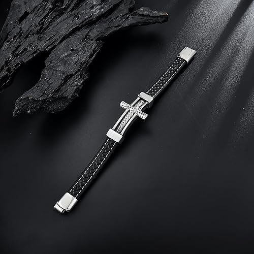 Miniatura 3 de Pulsera de cuero con cruz para hombre, de acero inoxidable, religiosa y religiosa con cruz lateral, pulsera de oración cristiana, regalo para hombres
