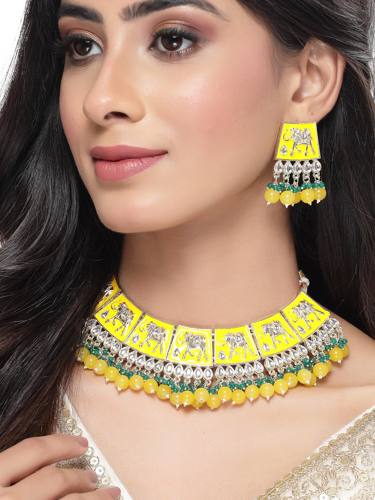 Plated Meenakari Kundan Green Collar Necklace Set