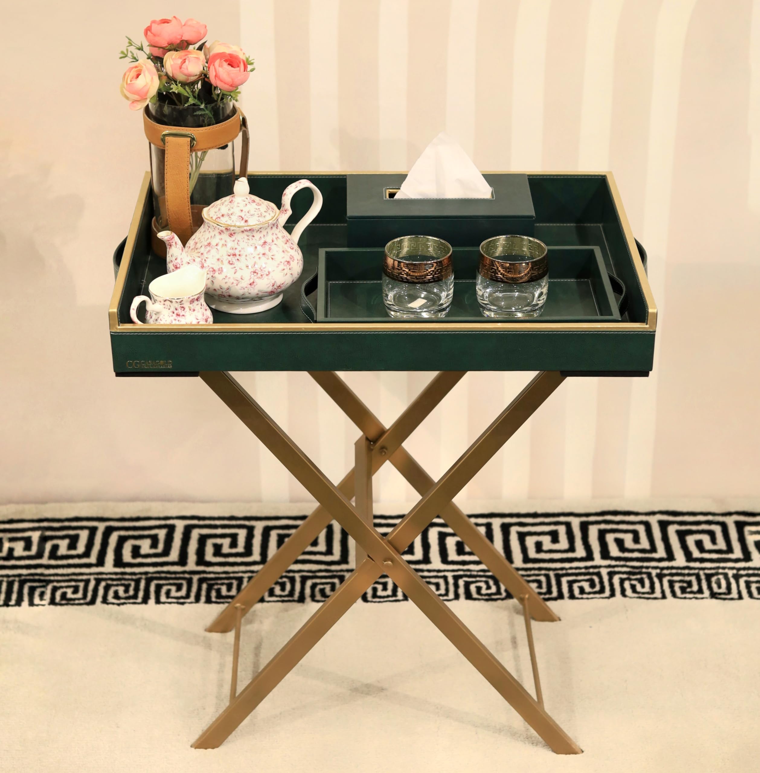CasaGold Set of 3 Leather Tray Table with Metal Stand + Serving Tray + Tissues Box | Butler Tray, Removable Rectangle Leather Tray Top with Handles | Ideal for Serving and Entertaining (Bottle Green)