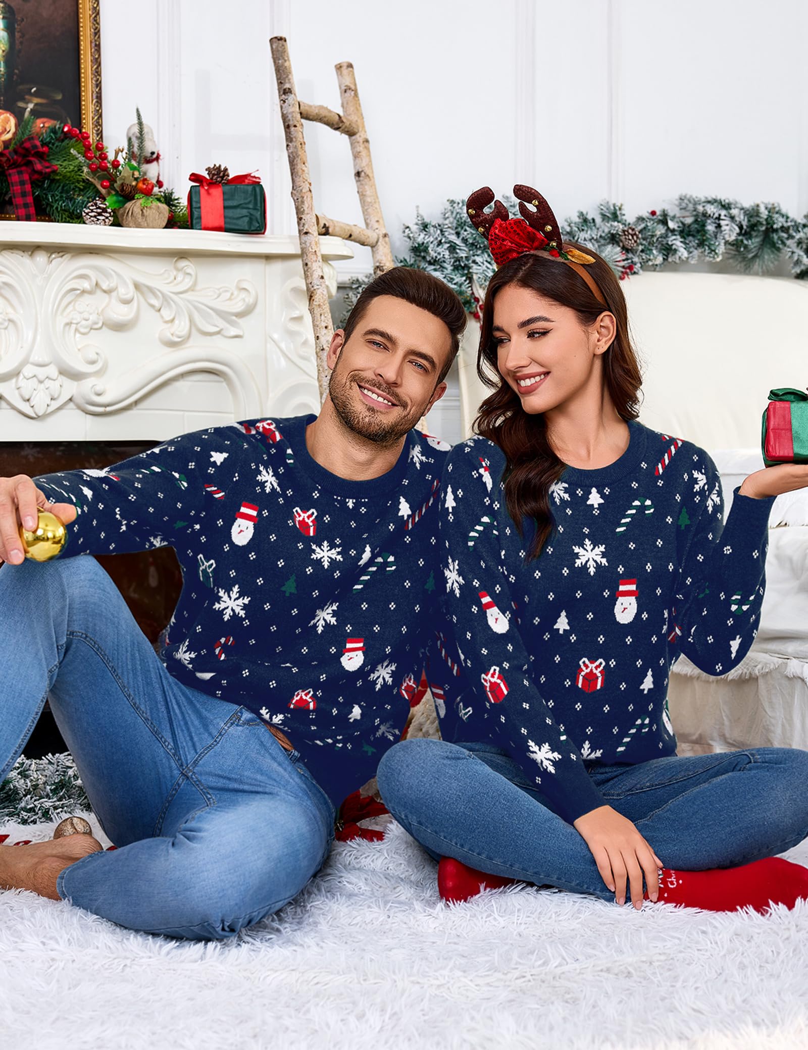 Aottori Jersey Navidad Mujer Hombre Manga Larga Cuello Redondo Reno y Nieve | Para Invierno, Diseño Pullover, para Fiestas Navideñas, Ideal para Capas, Fácil de Combinar