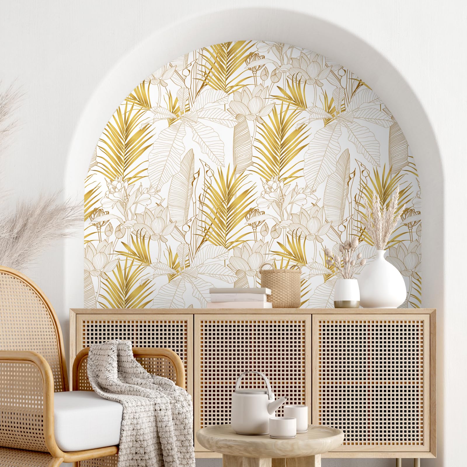 VEELIKE Papel Pintado Flores Loto Oro Boho 44,5 cm × 900 cm Papel Pintado Hojas Palmera Dorado Tropicales Murales Decorativos Pared Dormitorio Salon Vinilo Adhesivo Pared Habitación Extraíble