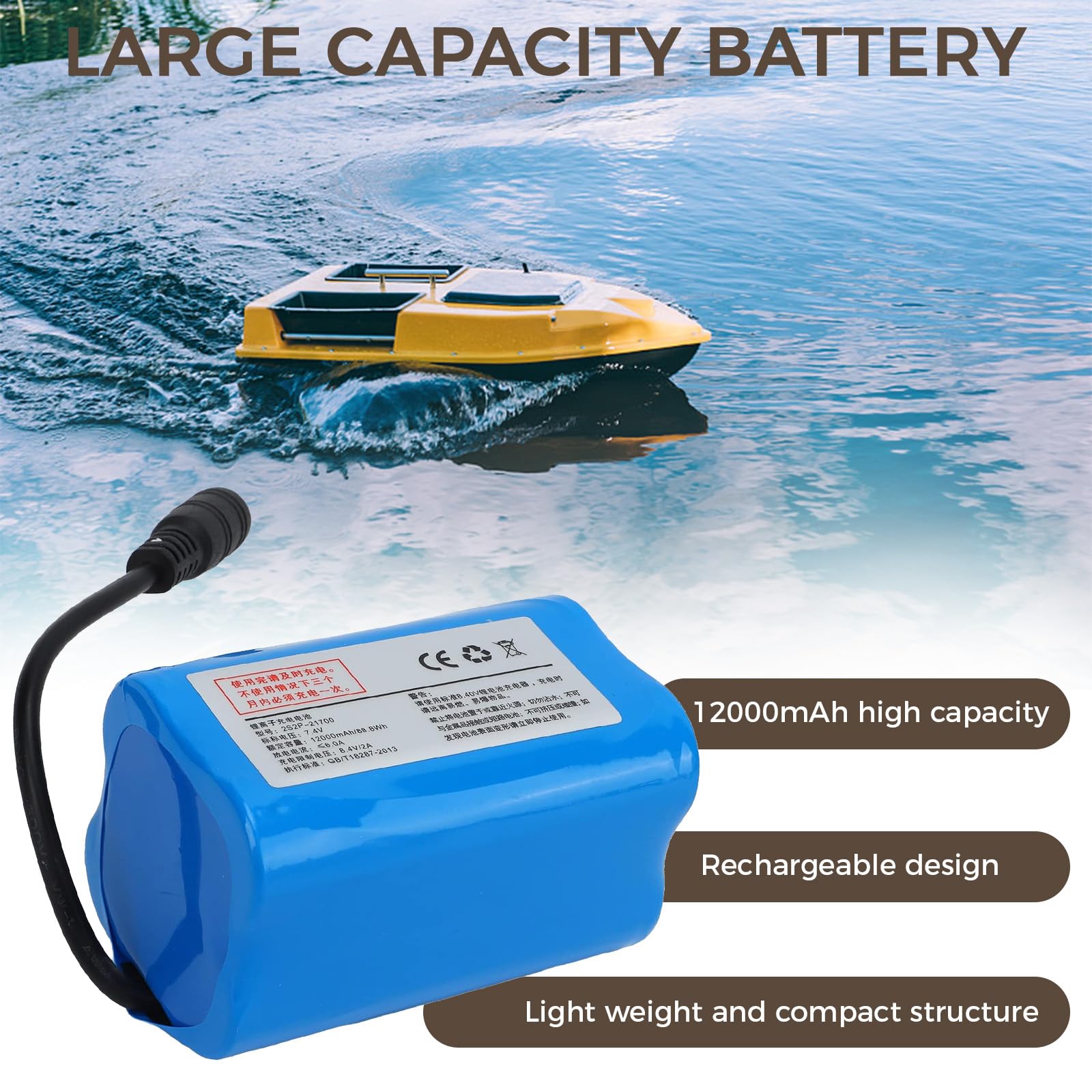 Batteria per barca radiocomandata, 12000 mAh, 7,4 V, batteria al litio ricaricabile, grande capacità, ad alta velocità