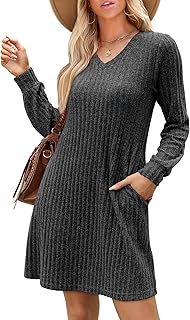 Womens V Neck Fall Dresses Long Sleeve Casual Sweater Short Dress Fashion Clothes - Buy now