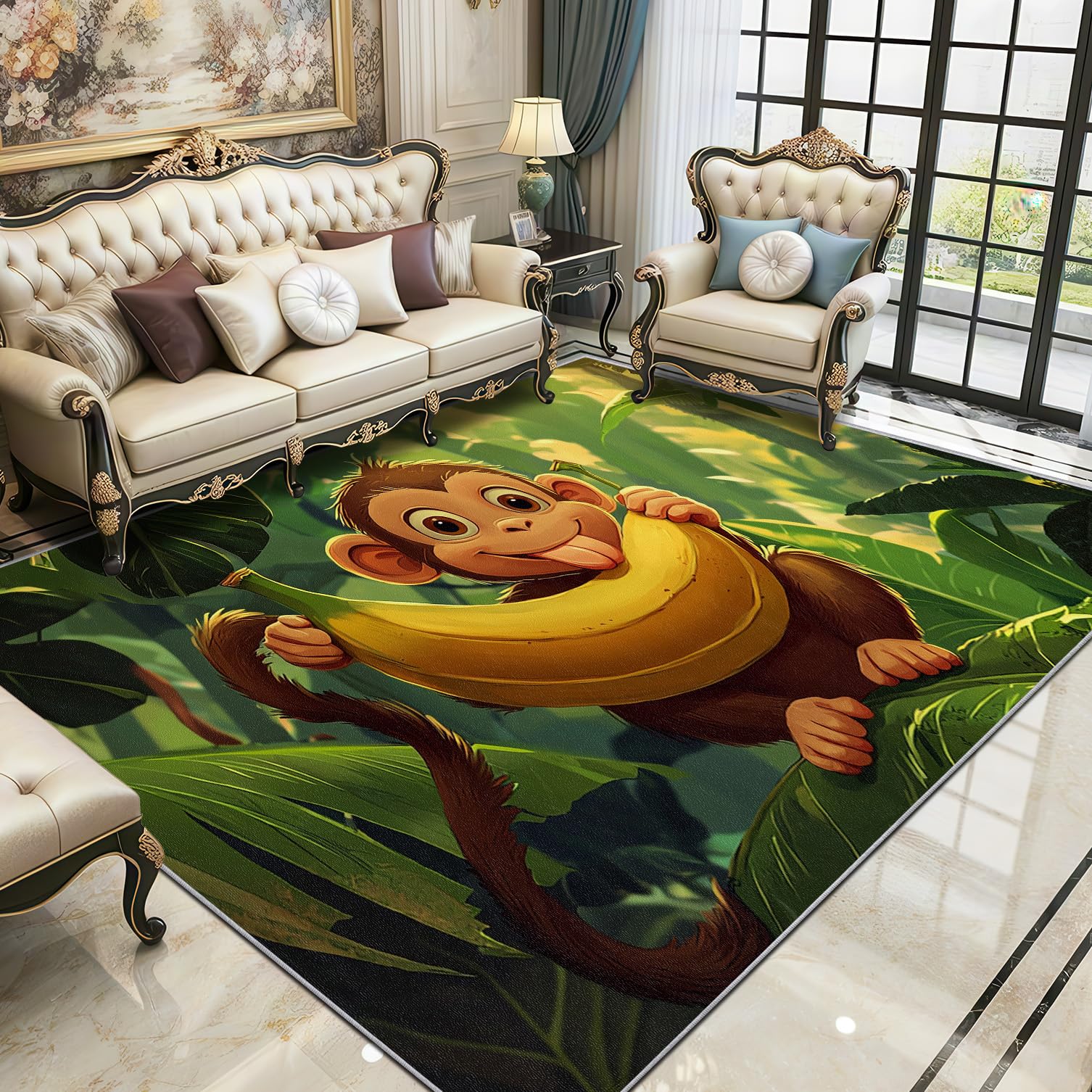 Monkey Area Rugs for Living Room 120x120 -Cartoon Funny Animal Rug for Bedroom, Kids Nursery Non Slip Washable Short Pile Carpet