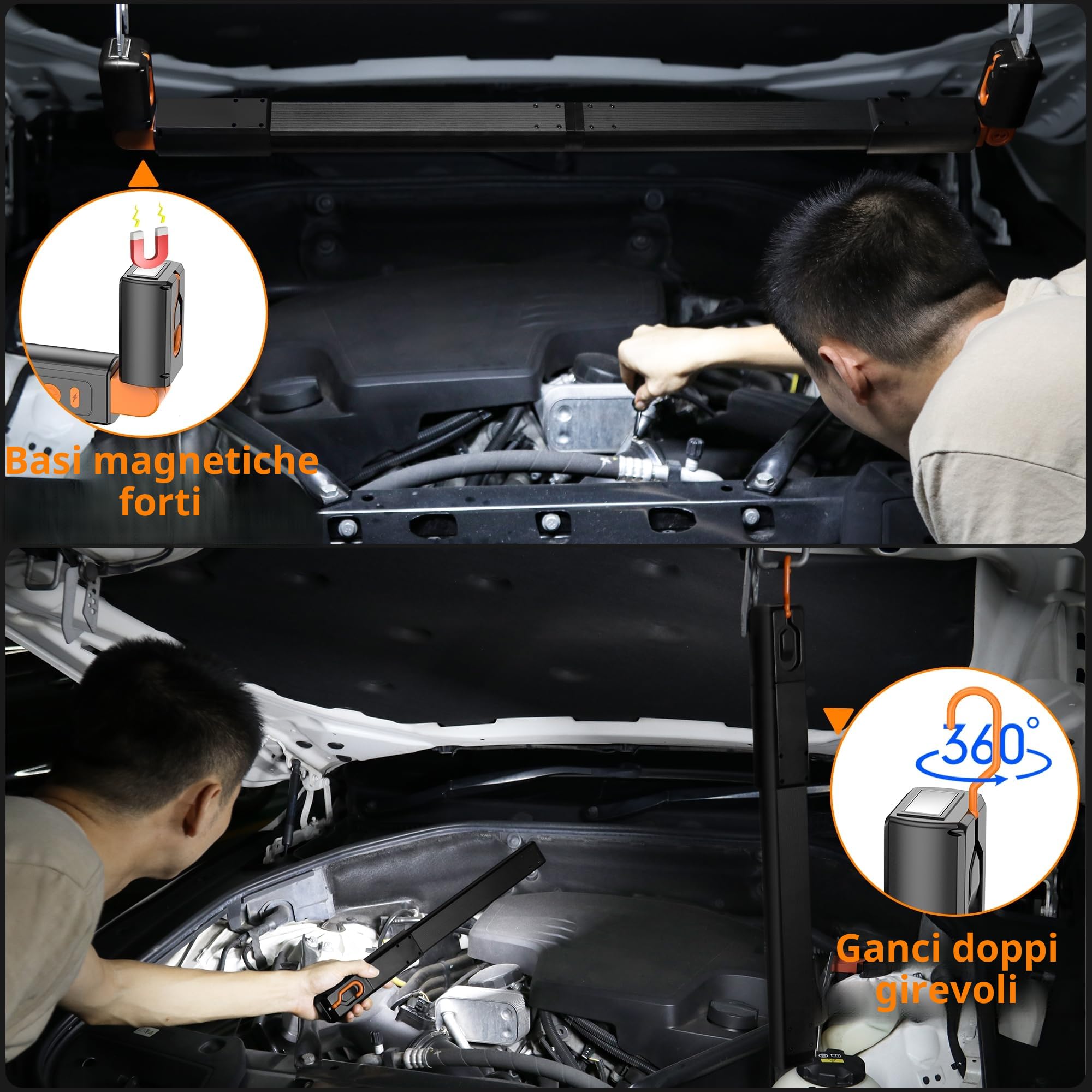 daphomeu Lampada Rimovibile per Vano Motore di Alluminio, Lampada da Lavoro LED Ricaricabile, Luce per Cofano con Magnetico e Gancio, Lampada da Officina Senza Fili per Cappa Officina Garage