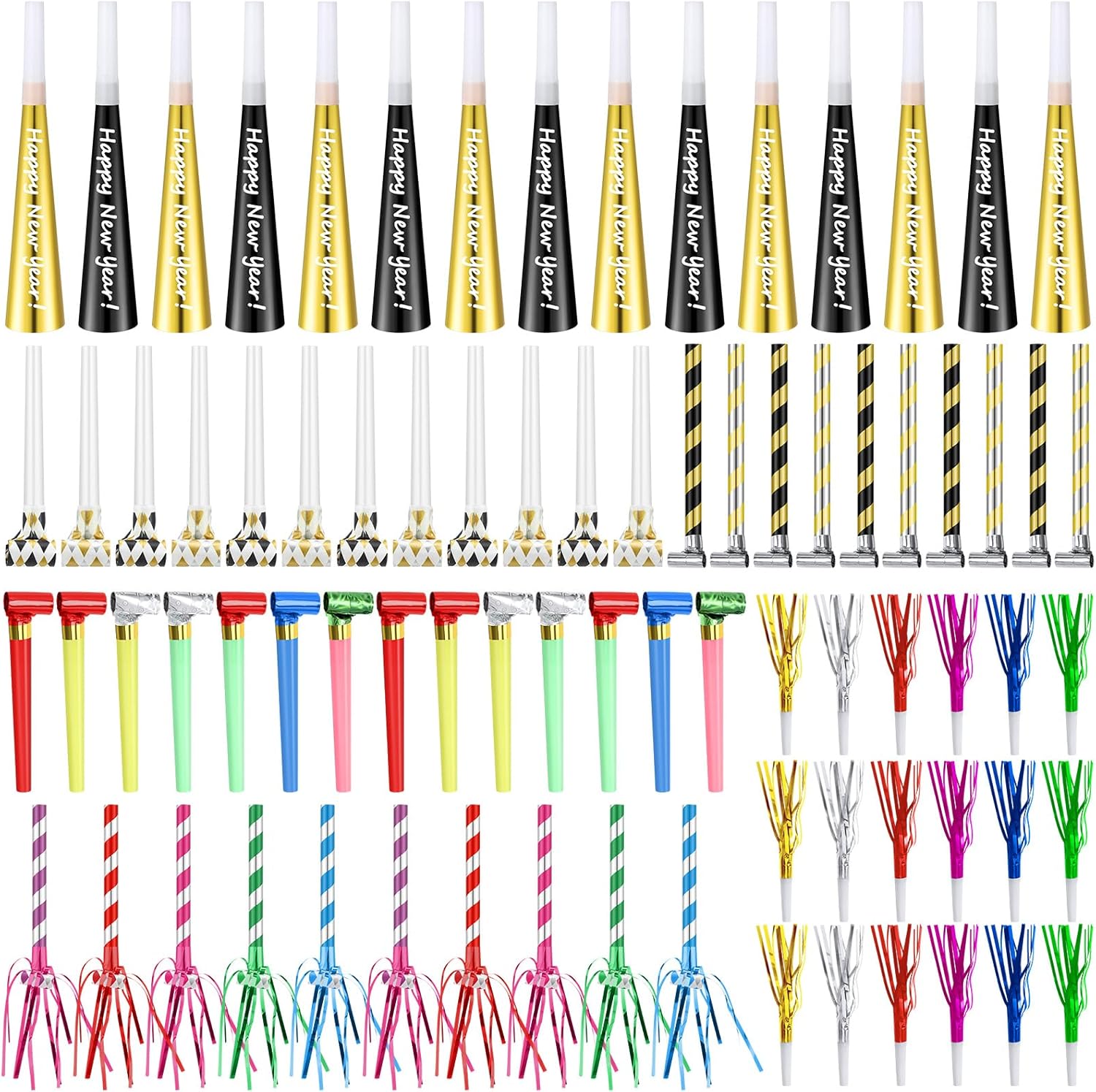 Lenwen 200 Pcs New Years Eve Noisemakers Favor 2026 Happy New Year Gold Silver Blower Horns Whistles Party for Birthday Celebration Sporting Events (Black,Silver,Gold)