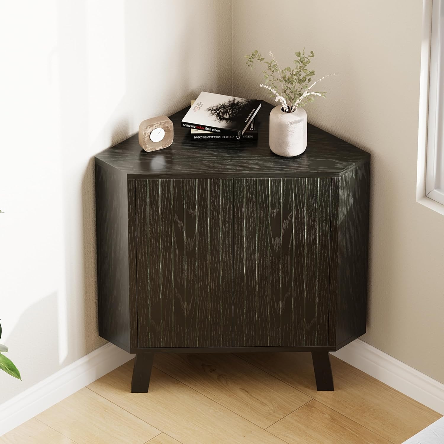TrailBlaze Industrial 3-Tier Wooden Corner Storage Cabinet – Space-Saving Freestanding Triangle Unit with Adjustable Shelves, Doors – Organizer for Living Room, Kitchen, Bedroom, Bathroom