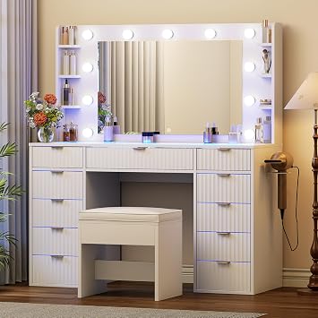 Vanity Desk with Glass Top and 11 LED Bulbs,Makeup table with Large Mirror & Power Outlet,Hair Dryer Holder,Dressing Table with 11 Drawers & Cushioned Stool for Women and Girls,Bedroom White