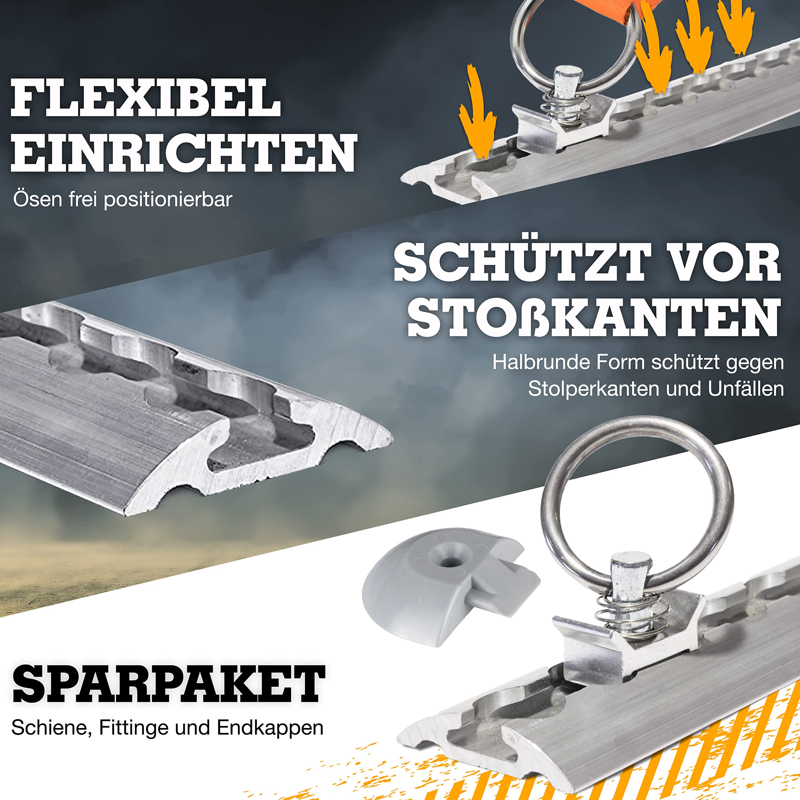 Safetytex Airlineschiene Starterset 8 x 1 m Zurrschiene | Halbrunde Zurrschiene, 20 Single Fittinge, 16 Endkappen, flexible Ladungssicherung für Transporter, Anhänger und Fahrzeuge