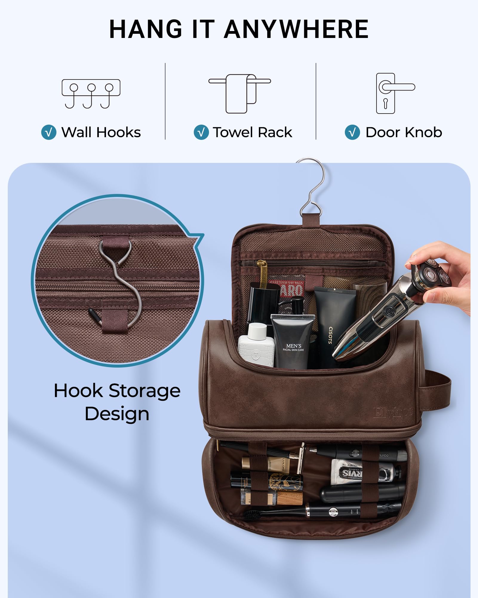 Elviros Beauty case da uomo in pelle PU, organizer da viaggio con gancio per appenderlo, grande borsa da toeletta resistente all'acqua (caffè)