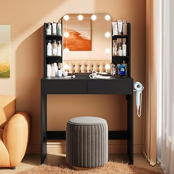 wanan 31.5" W Vanity, Set with Big Mirror & Lights, No Chair, Black