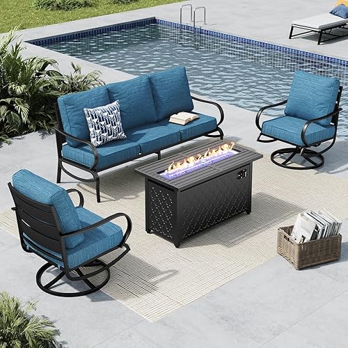 Miniatura 10 de MFSTUDIO Juegos de muebles de patio con mesa de fogata de gas de 45 pulgadas, 8 piezas de conversación de metal para exteriores con 1 sofá de 3