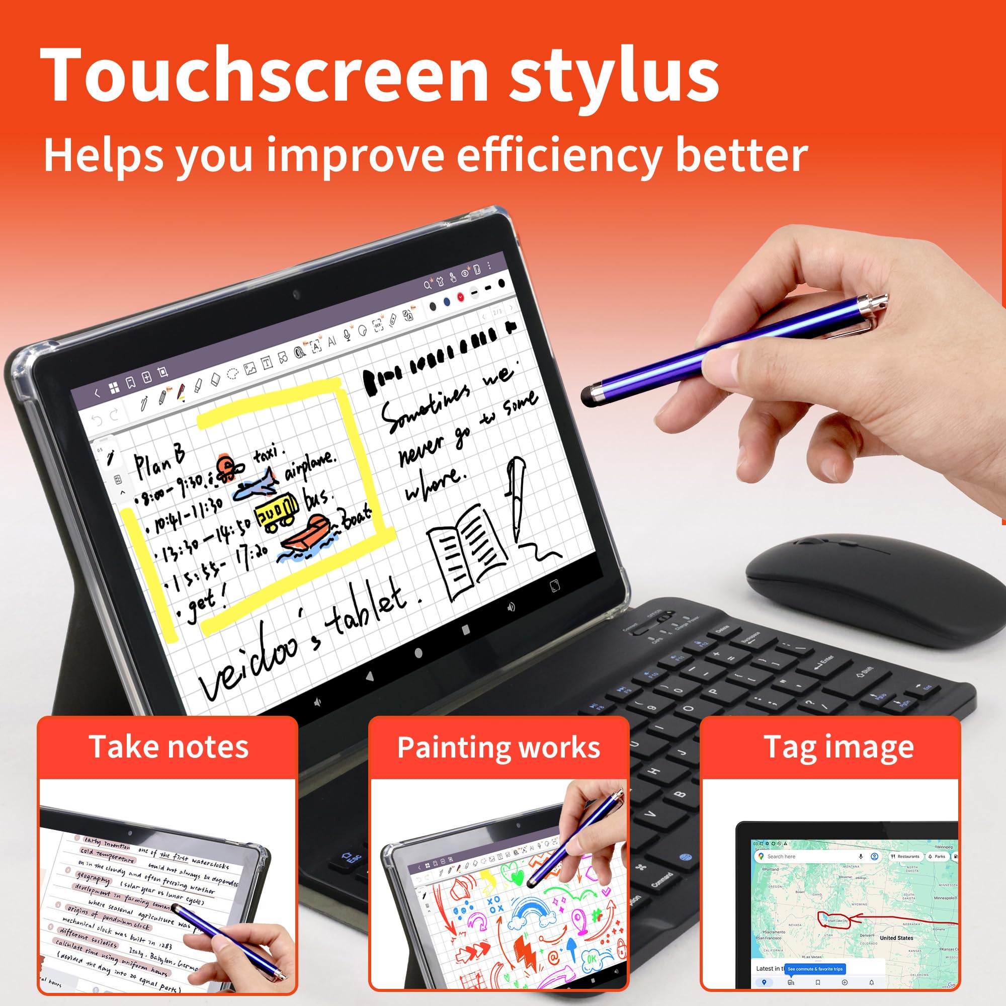 Veidoo Przenośny tablet z systemem Android 2 w 1 z klawiaturą, myszą i rysikiem, tablet 10,1-calowy ekran IPS HD z 7 GB RAM (3 GB+4 GB) 64 GB ROM, z możliwością rozszerzenia do 512 GB, procesor
