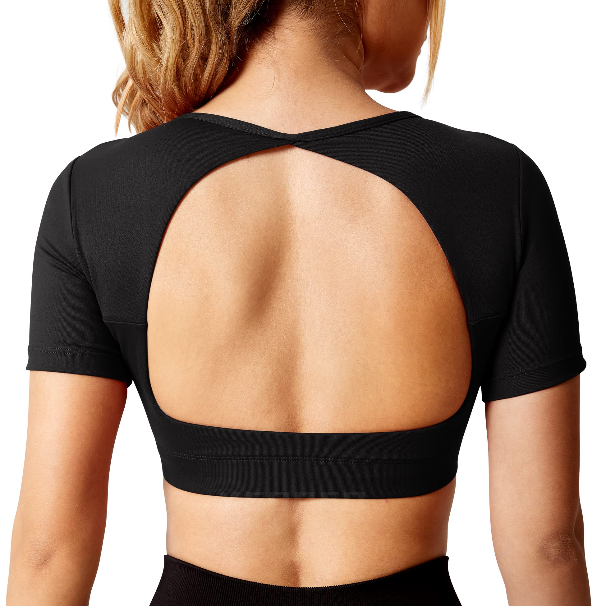 YEOREO Ultimate Crop Tops for Women Open Back Short Sleeve Top Backless Tops Padded Workout T Shirt Top