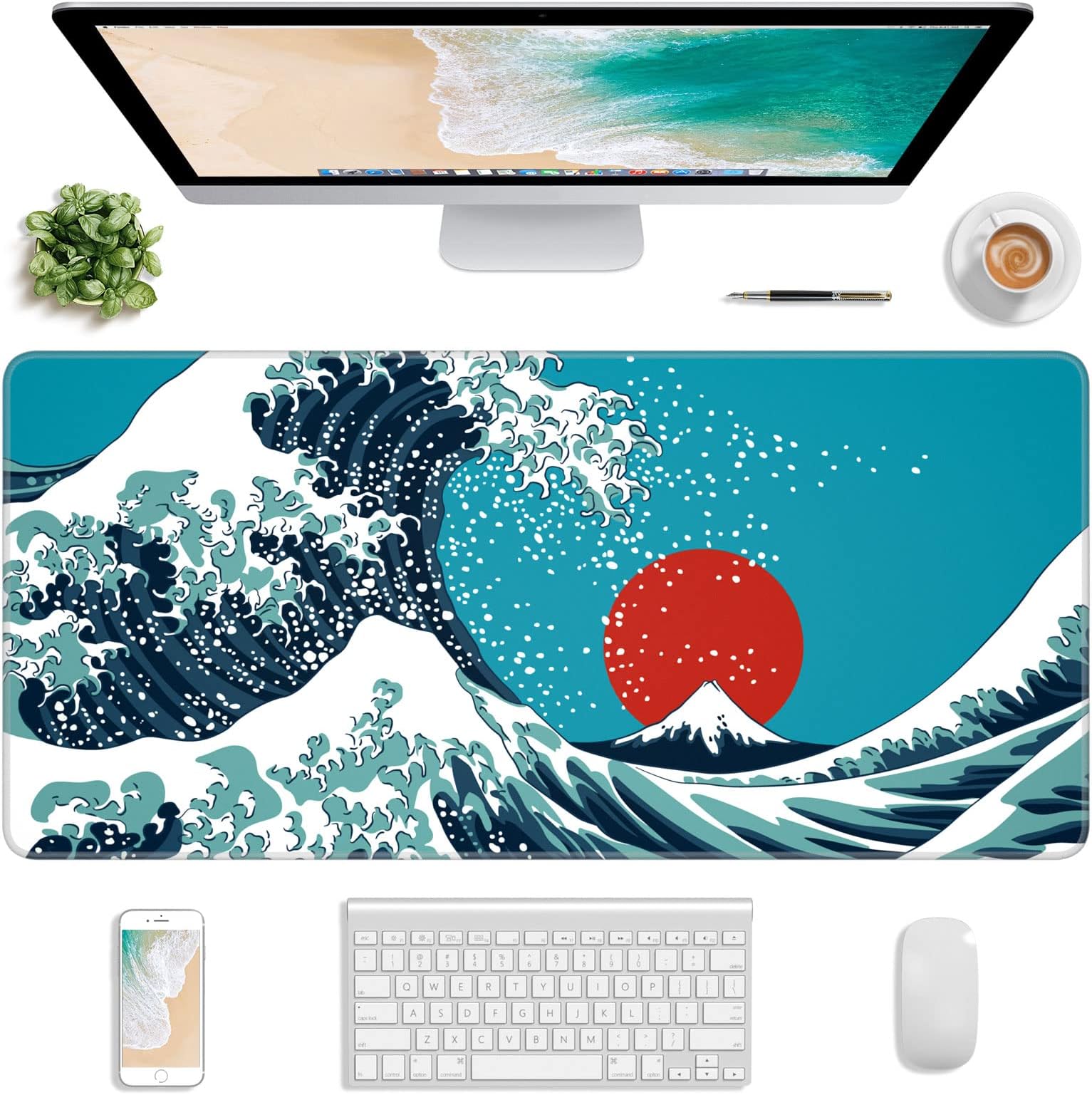 Extended Gaming Mouse Pad, Japanese Wave and Red Sun Mousepad, XL Large Mouse Mat Desk Pad 30 x 14 Inch, Waterproof Anime Mouse Pad with Stitched Edges and Non-Slip Base for Office Gaming