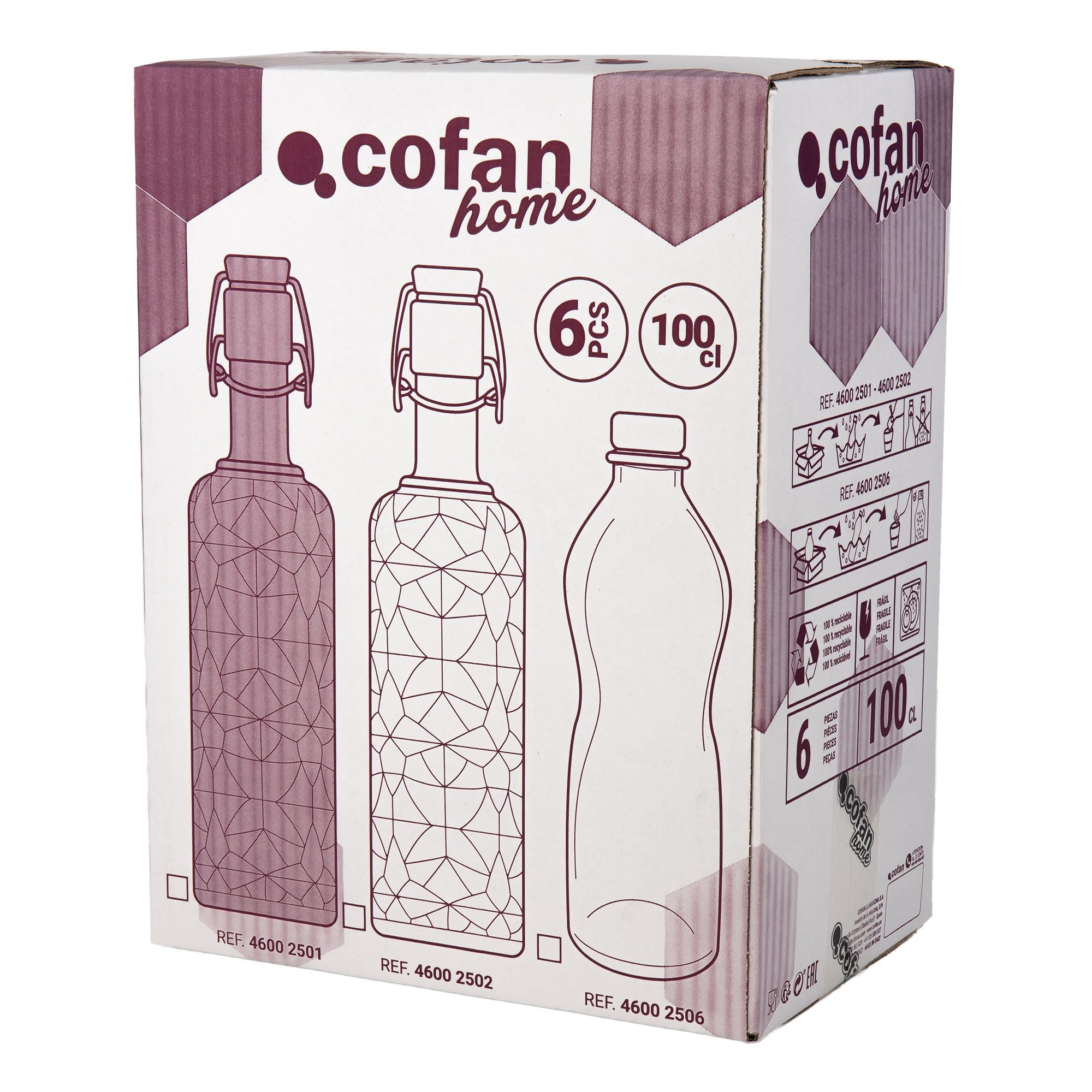 Cofan Bouteille en verre bleu transparent avec fermeture à étrier de 1 litre | Pack de 6 unités | Idéale pour la réutilisation et le stylisme